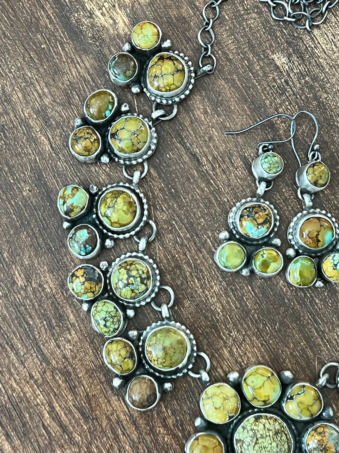 Fabulous Navajo Sterling Silver and Blue Moon Turquoise Cluster Necklace and Earrings Set by Bobby Johnson