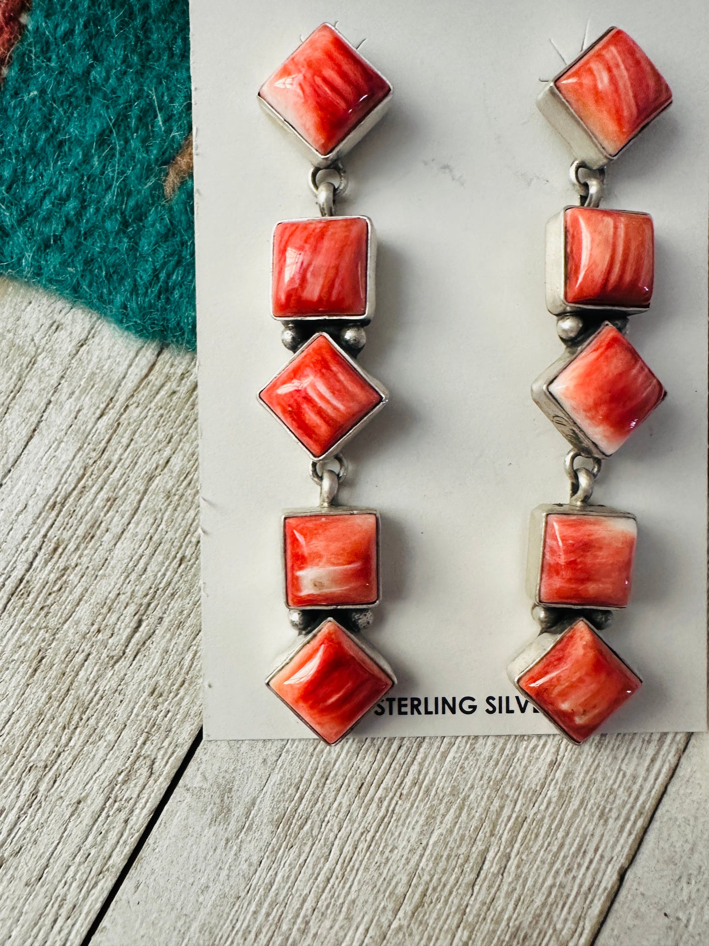 Navajo Orange Spiny and Sterling Silver Dangle Earrings