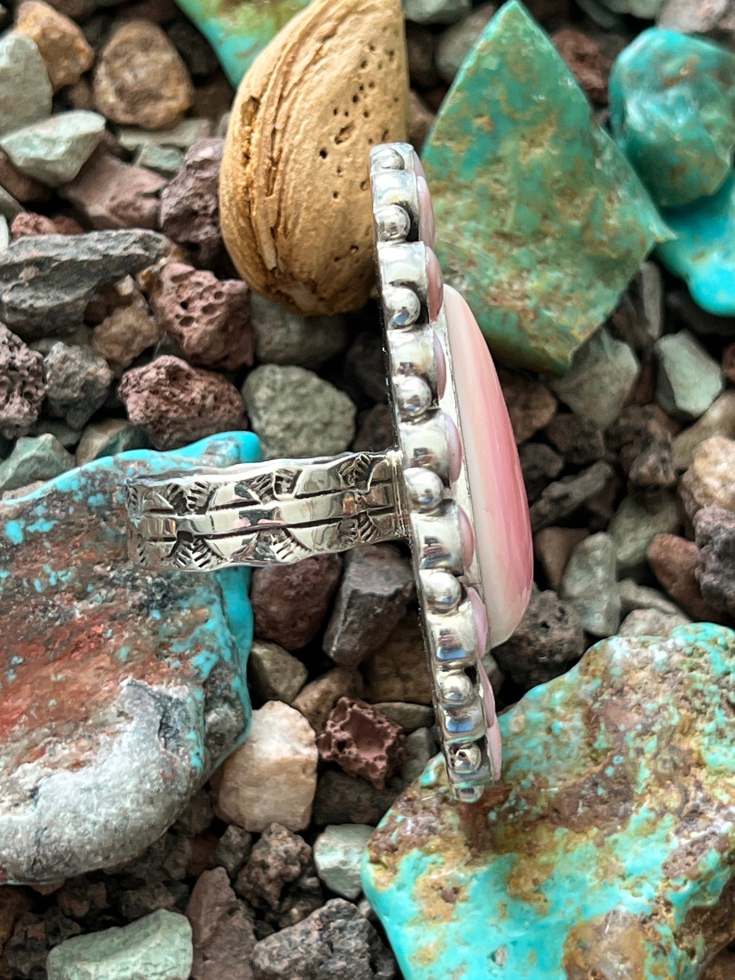 Navajo Sterling Silver and Tear Drop Queen Pink Conch Shell Cluster Ring by Aaron Tallis, Adjustable