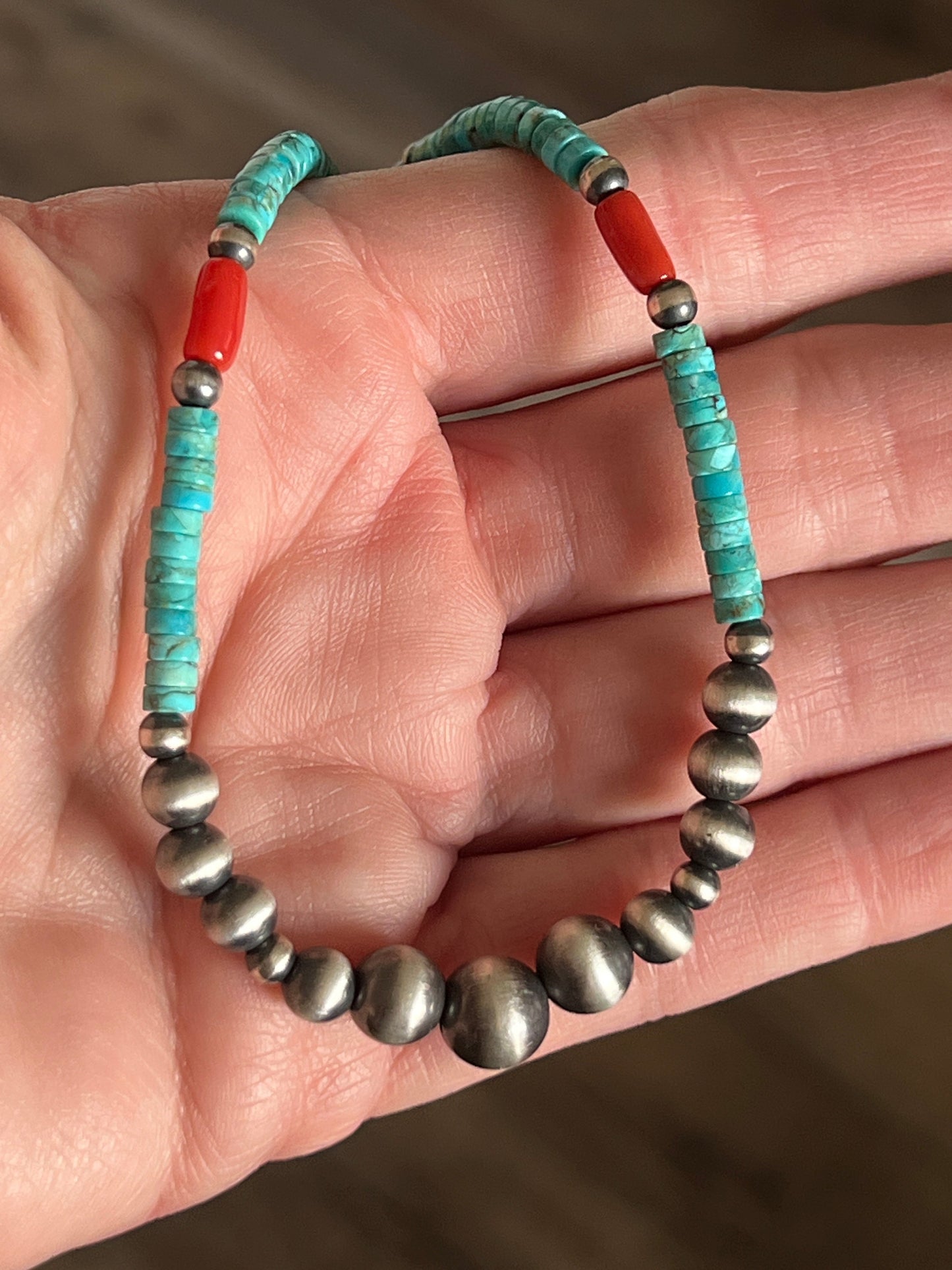 Summer Lovin’ Navajo Beaded Layering Necklace with Sterling Silver, Turquoise and Mediterranean Coral, 14” + 2”, The Beach Cruiser