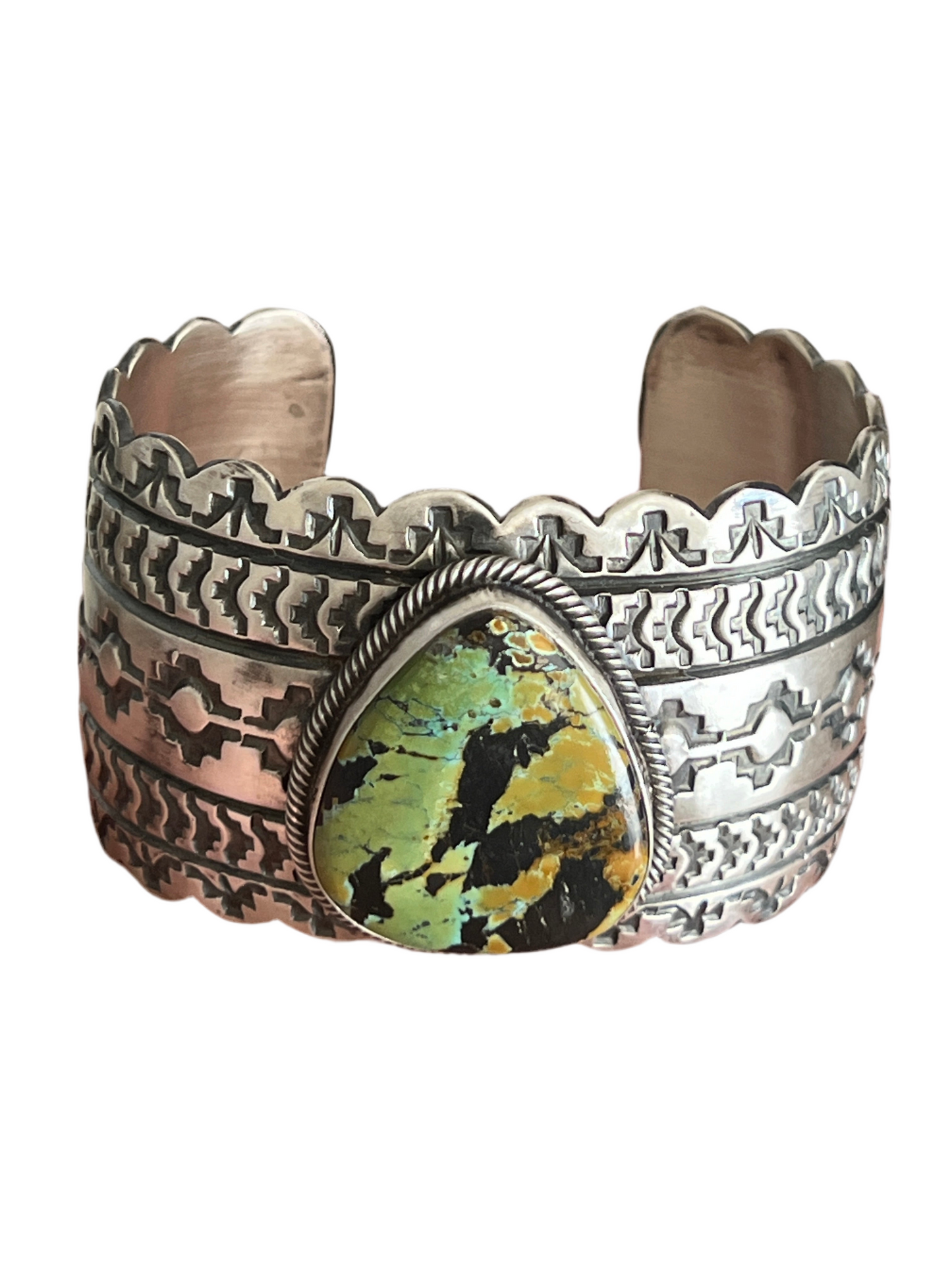 Navajo Hand Stamped Sterling Silver and Blackjack Turquoise Cuff Bracelet by Randy Boyd
