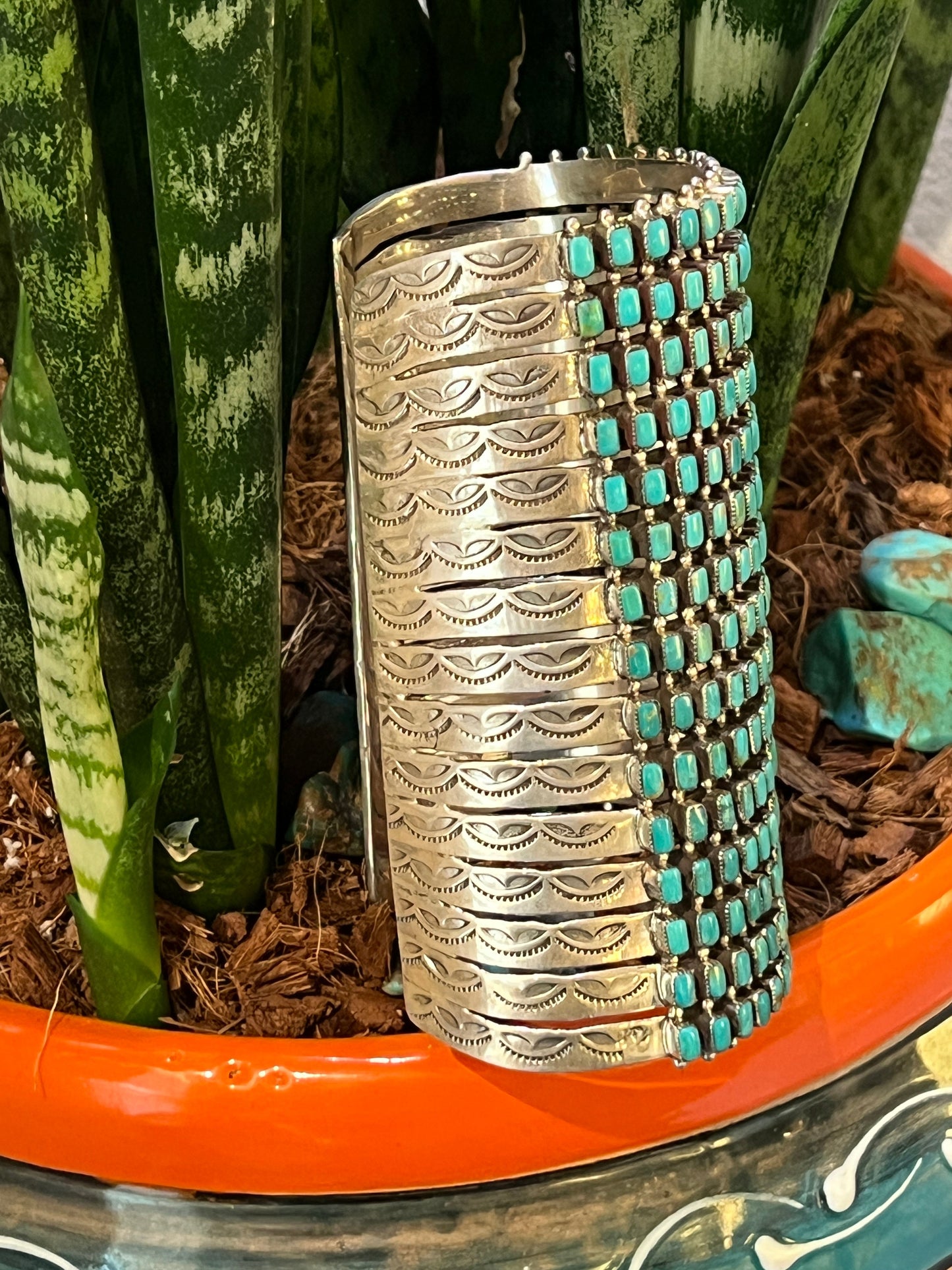 Epic Navajo Made 15 Row Sterling Silver and Turquoise Gauntlet Style Cuff Bracelet