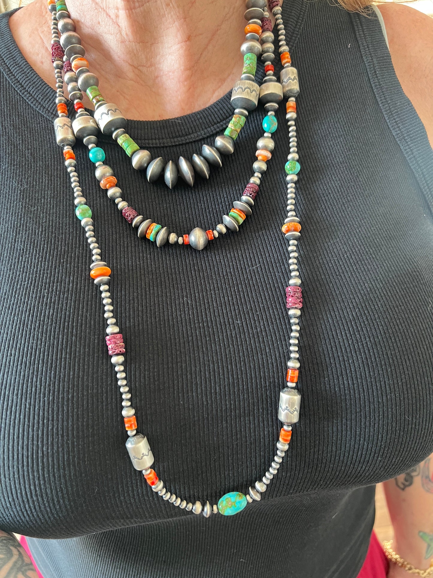 Navajo Made Electric Rainbow Sterling Silver, Turquoise and Spiny Oyster Single Strand Beaded Necklace by Rose Martin, 20 + 2 Inches