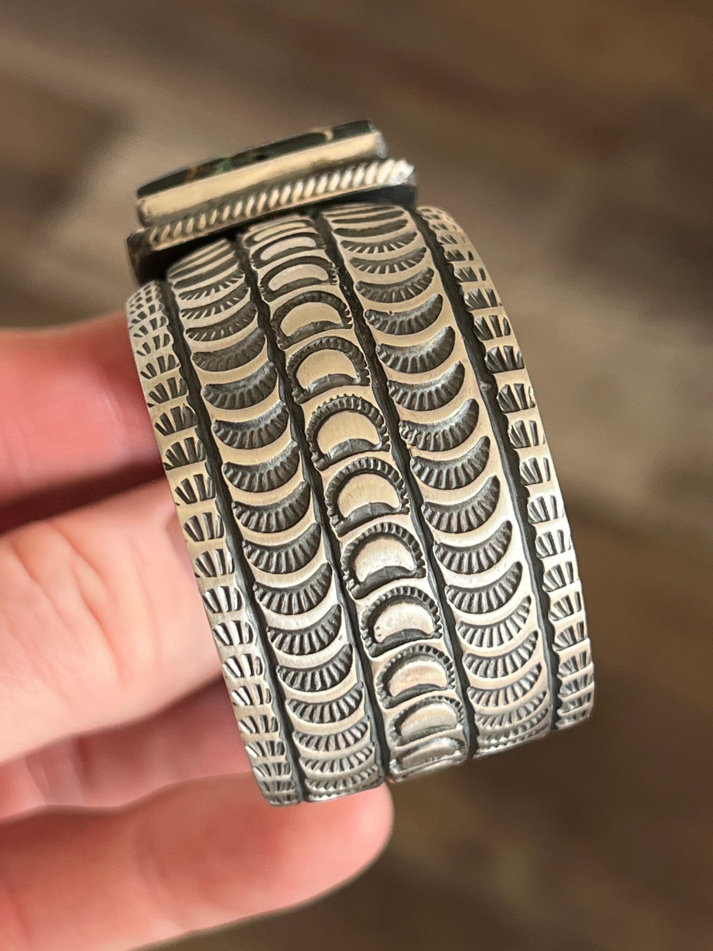Navajo Sterling Silver and Blackjack Turquoise Hand Stamped Cuff Bracelet by Randy Boyd