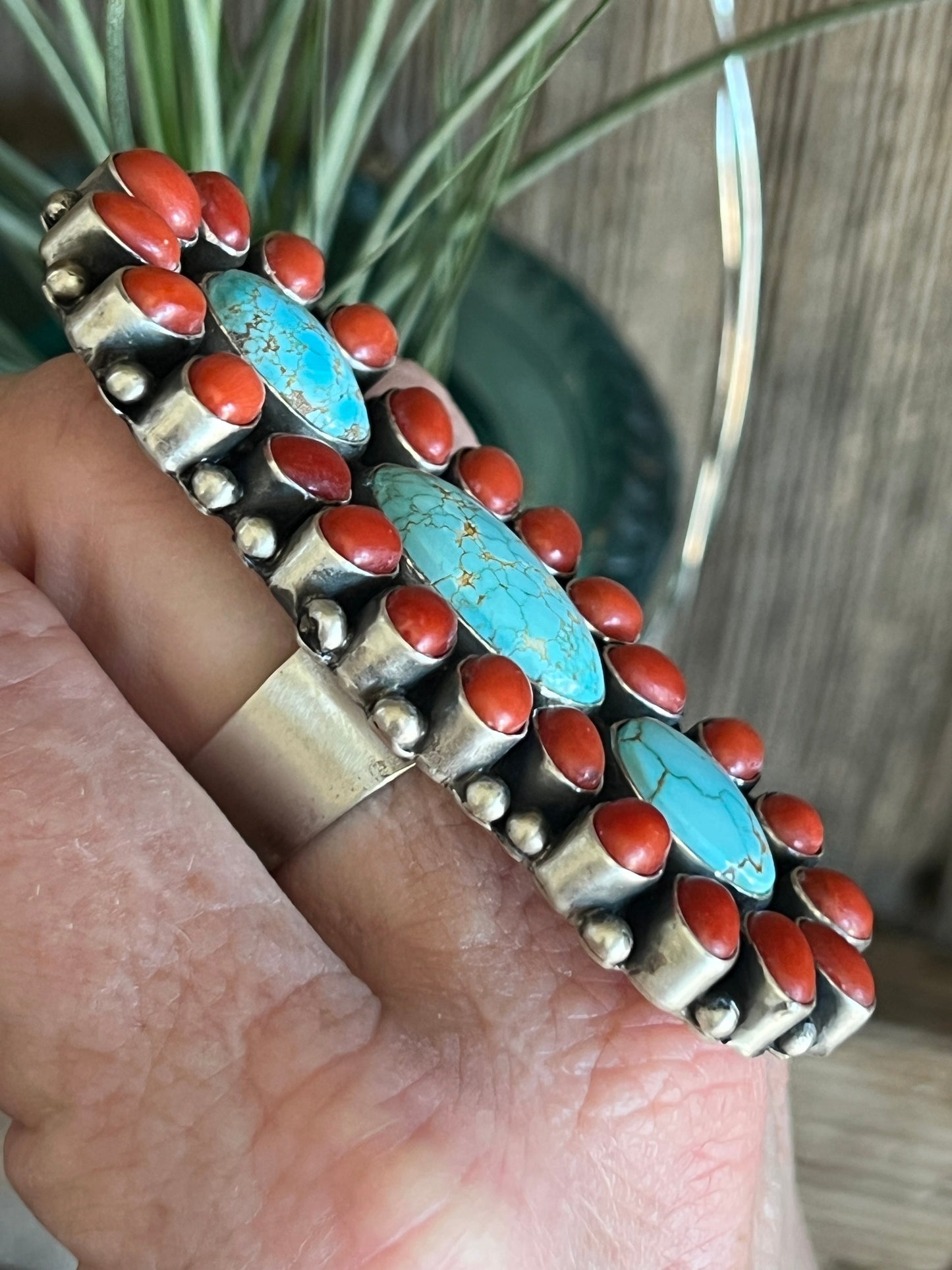 Navajo Sterling Silver, Coral and Number 8 Turquoise Ring by Darrin Livingston, Size 9