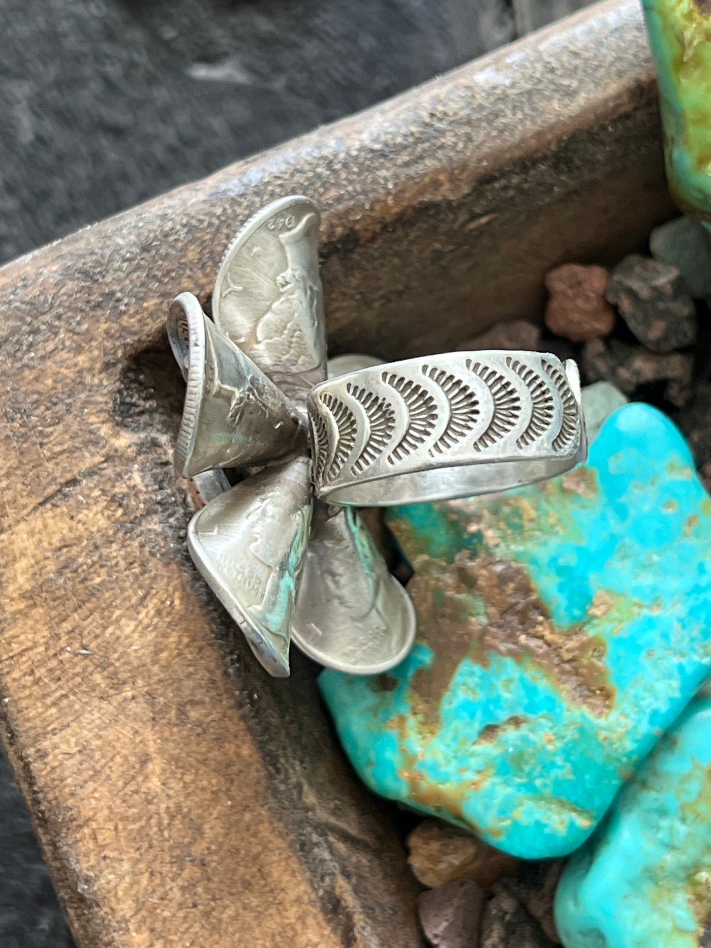 Navajo Sterling and Coin Silver Mercury Dime Flower Ring with Orange Spiny Oyster by James Begay, Adjustable
