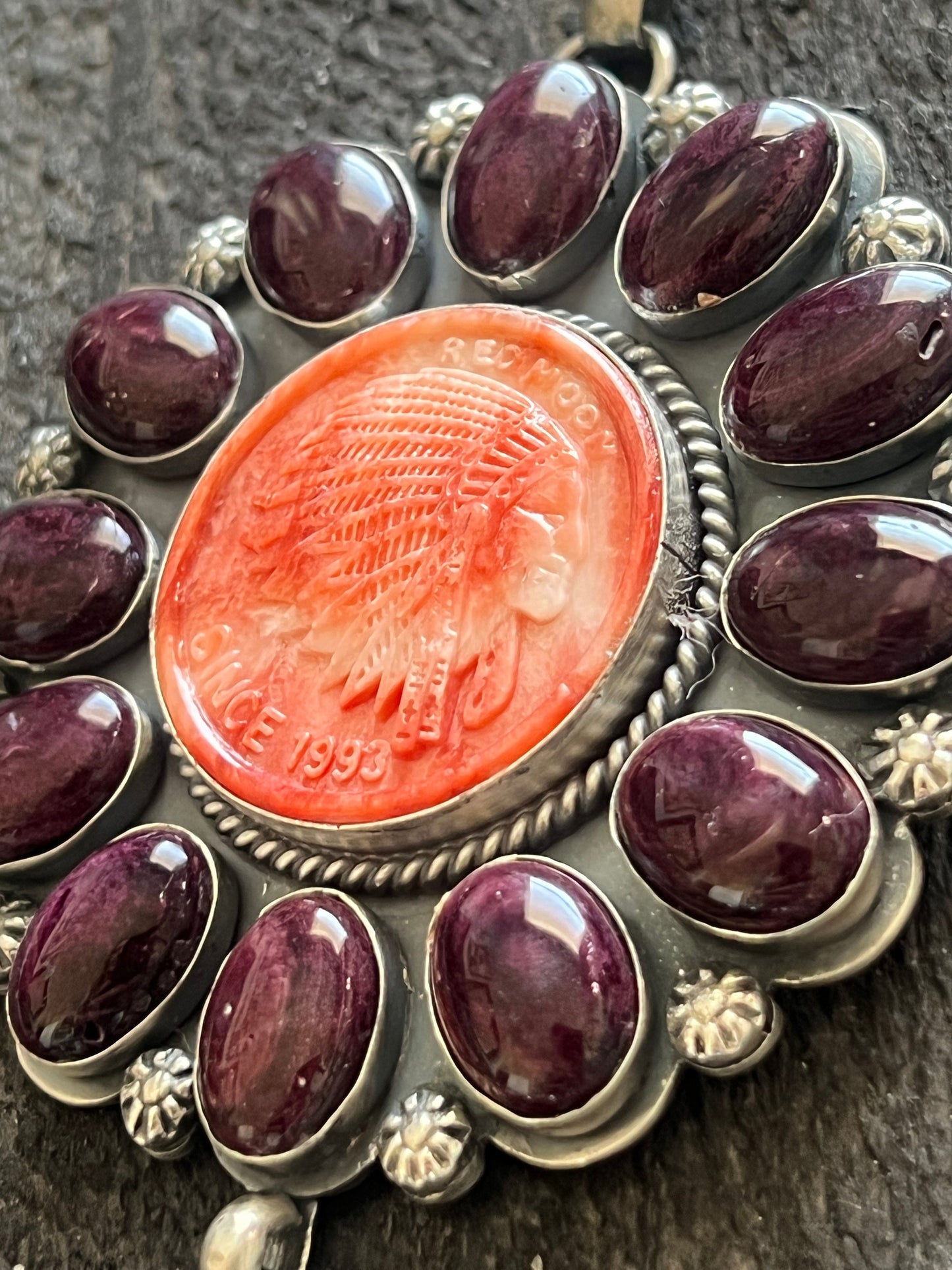Stunning Navajo Sterling Silver, Carved Spiny Oyster and Turquoise Necklace by Gilbert Platero