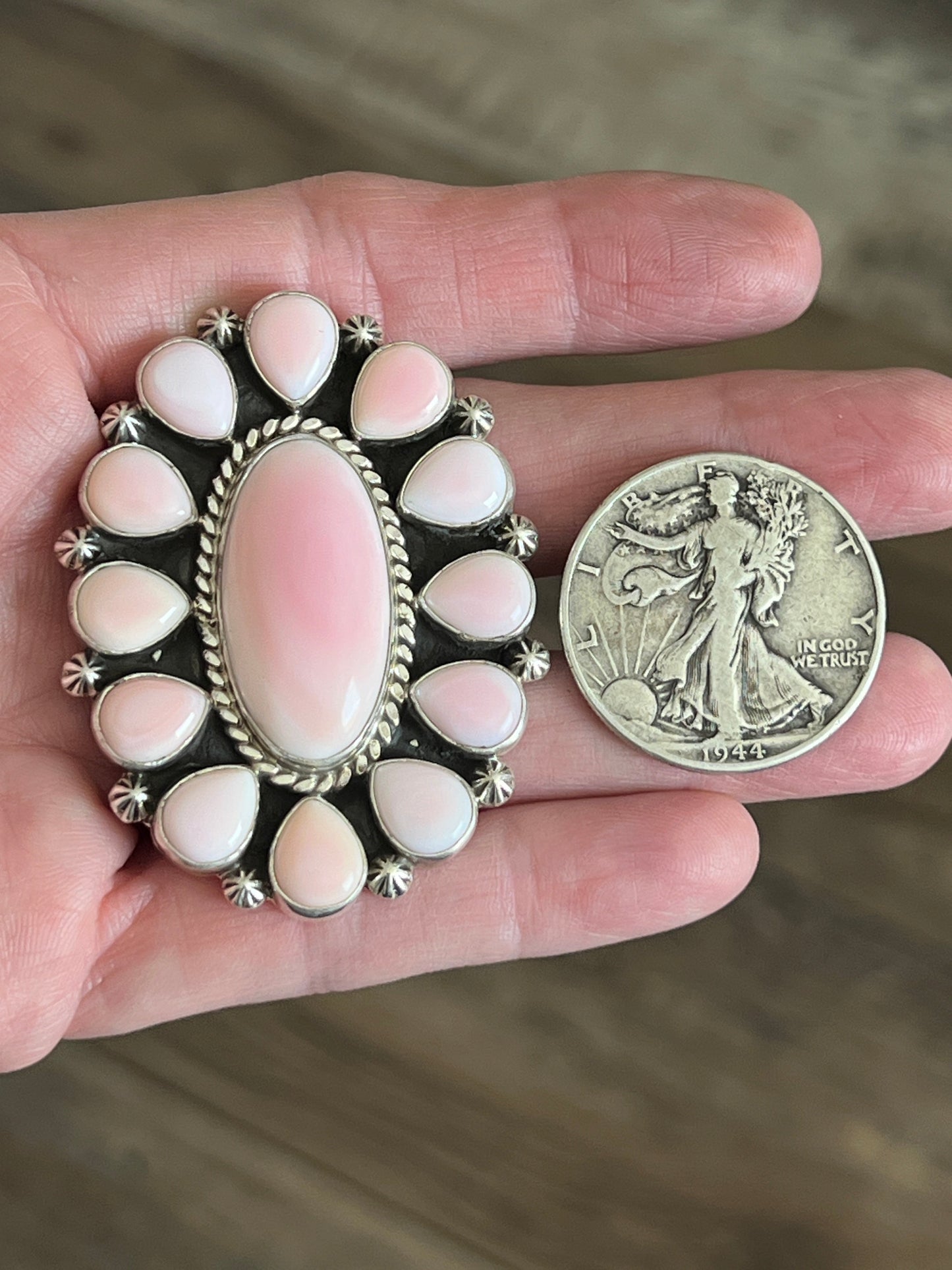 Navajo Sterling Silver and Oval Queen Pink Conch Shell Cluster Ring by Aaron Tallis, Adjustable