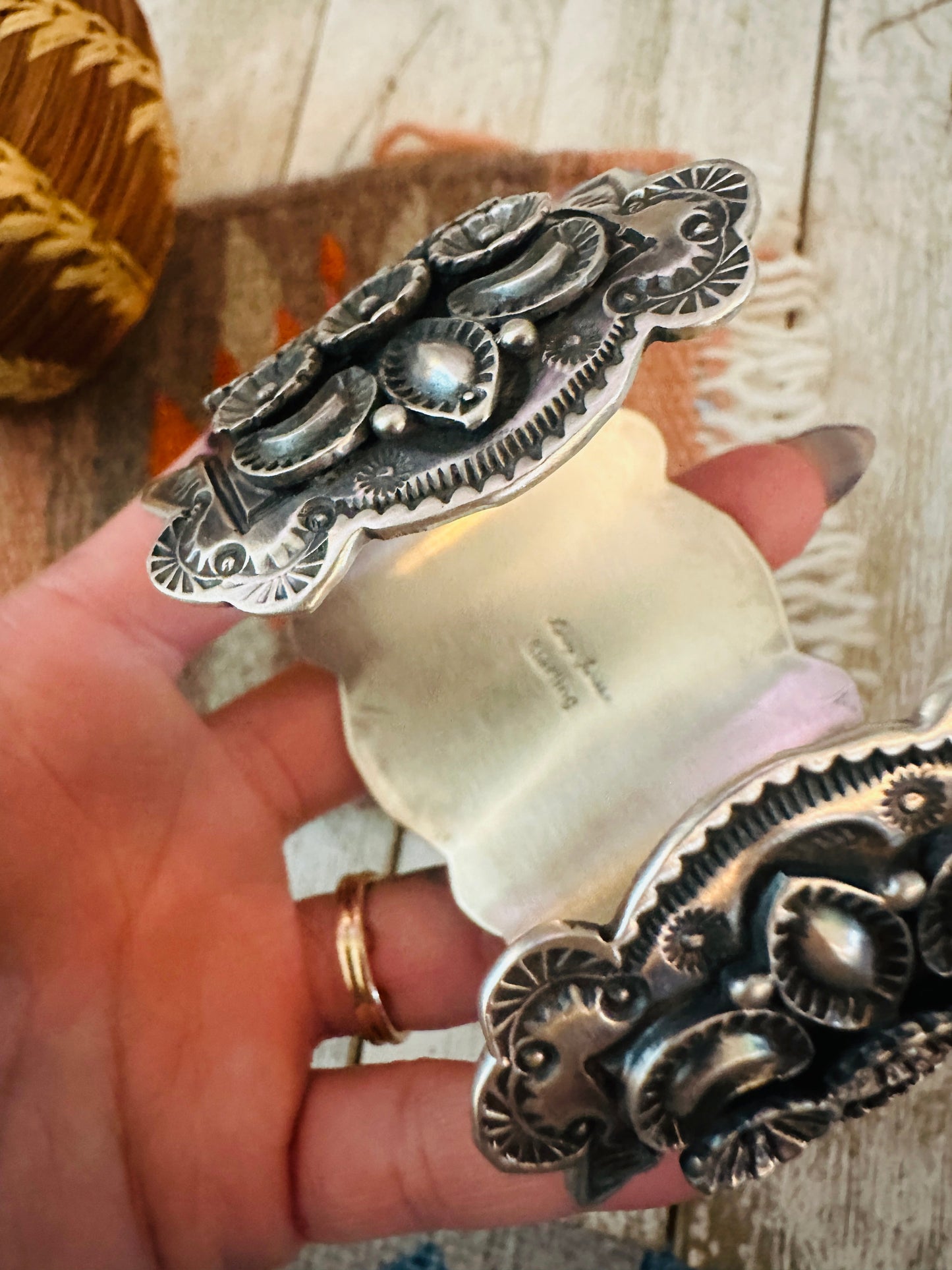 Navajo Hand Stamped Sterling Silver Flower Cuff Bracelet By Leroy James