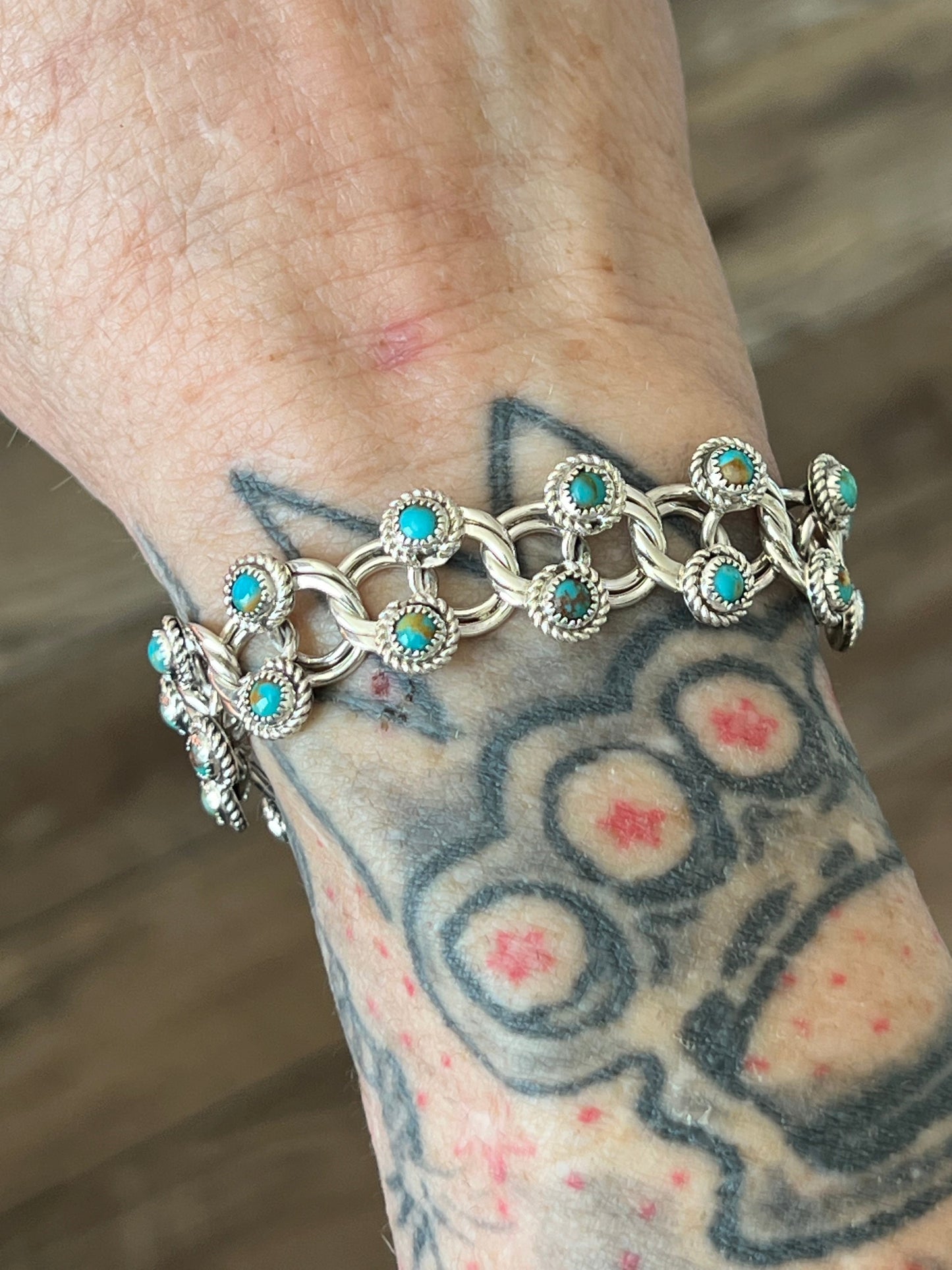 Zuni Sterling and Snake Eye Turquoise Link Necklace, Bracelet & Earrings by Dillon Cheama
