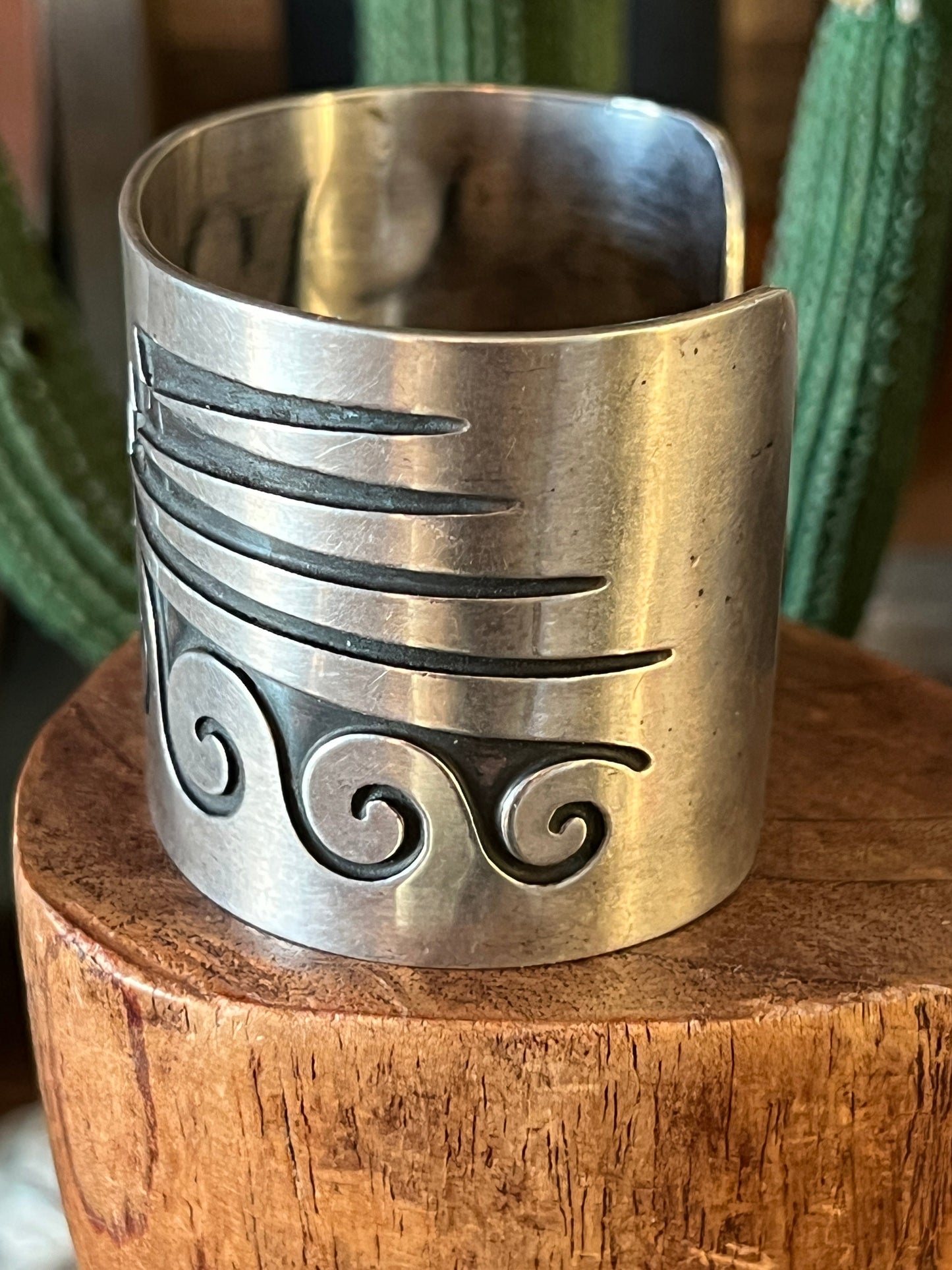 Old Pawn Sterling Silver Navajo Water Design Overlay Cuff, Unsigned