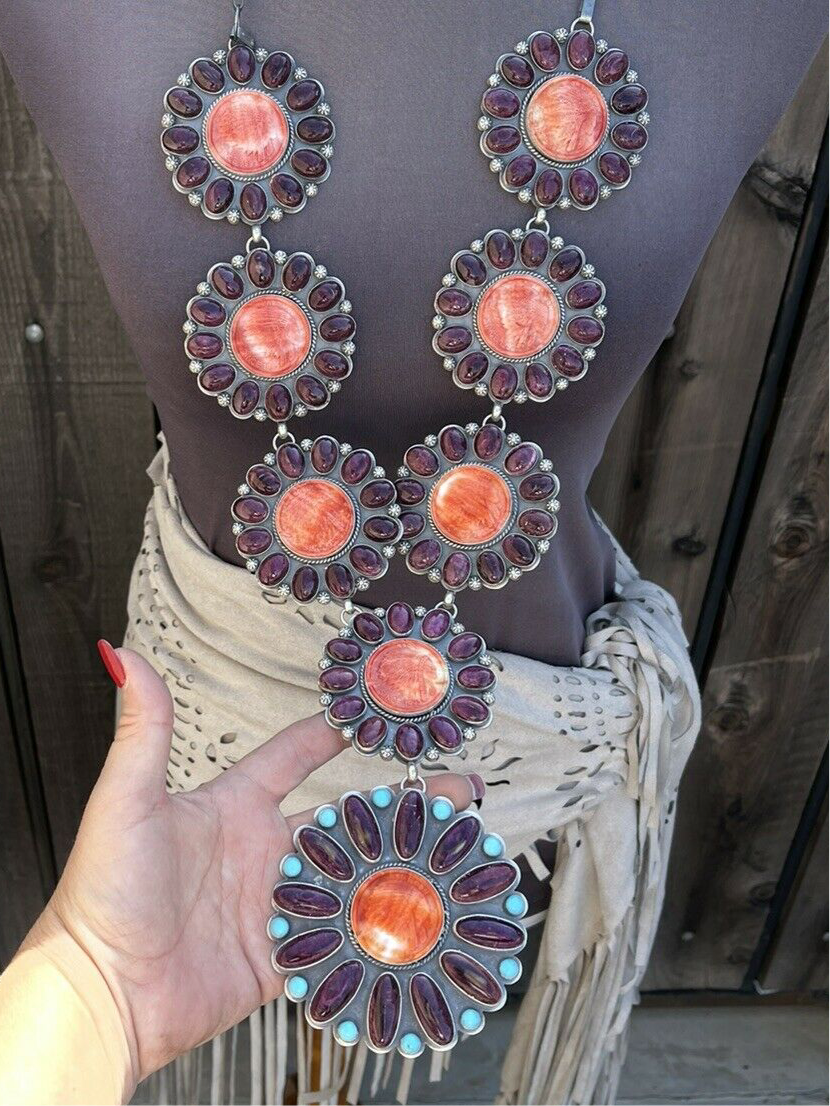 Stunning Navajo Sterling Silver, Carved Spiny Oyster and Turquoise Necklace by Gilbert Platero