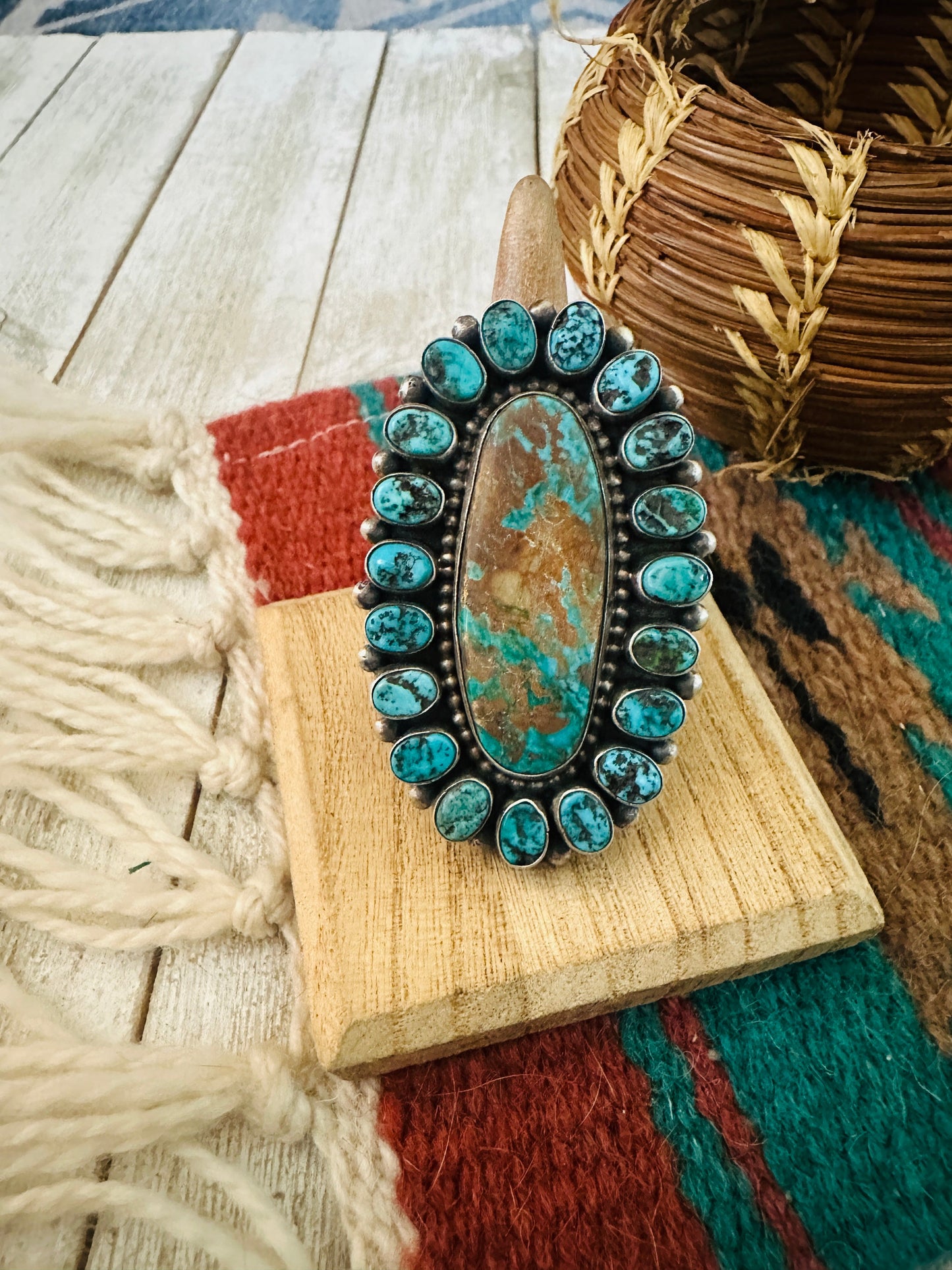 Navajo Turquoise & Sterling Silver Cluster Adjustable Ring by Blaine Yellowhorse