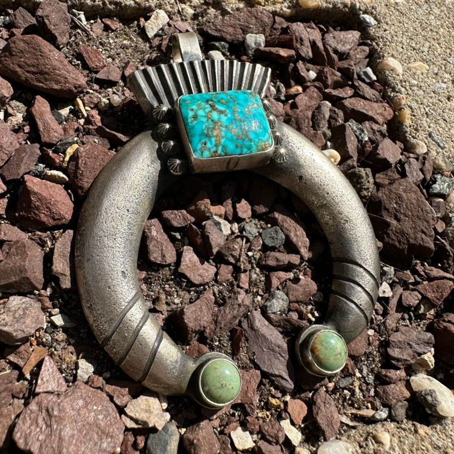 Navajo Made Sterling Silver and Turquoise Naja Pendant by Robert Chee