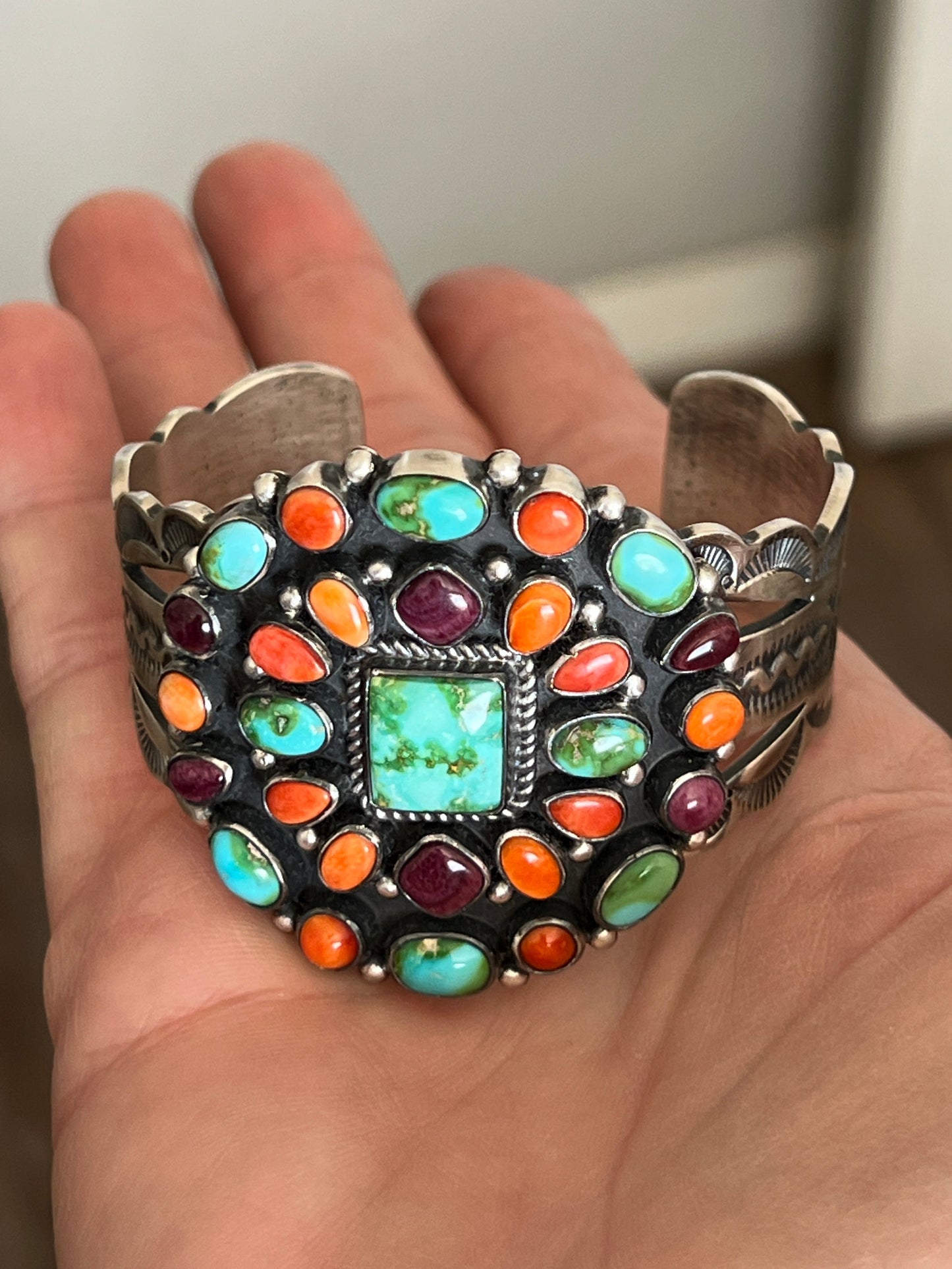 Navajo Sterling Silver Electric Rainbow Sonoran Turquoise and Spiny Oyster Cluster Cuff Bracelet by Murphy Platero