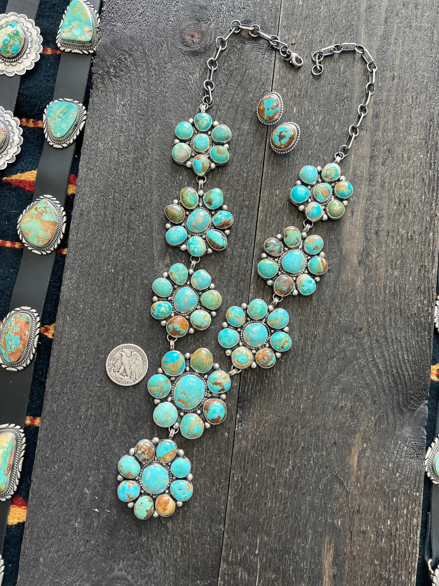 Navajo Big Mama Sterling Silver and Royston Turquoise Cluster Necklace with Matching Earrings by Sheila Becenti