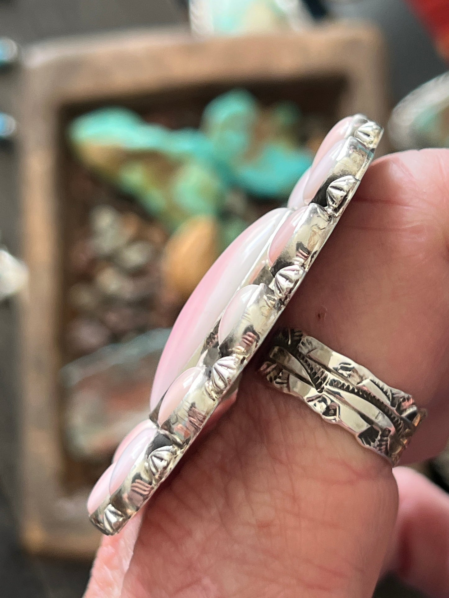 Navajo Sterling Silver and Oval Queen Pink Conch Shell Cluster Ring by Aaron Tallis, Adjustable