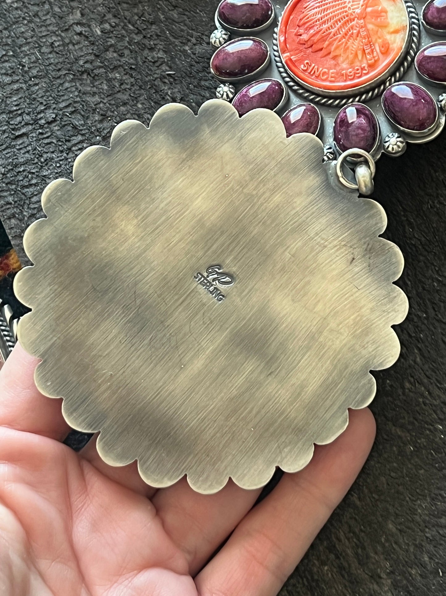 Stunning Navajo Sterling Silver, Carved Spiny Oyster and Turquoise Necklace by Gilbert Platero