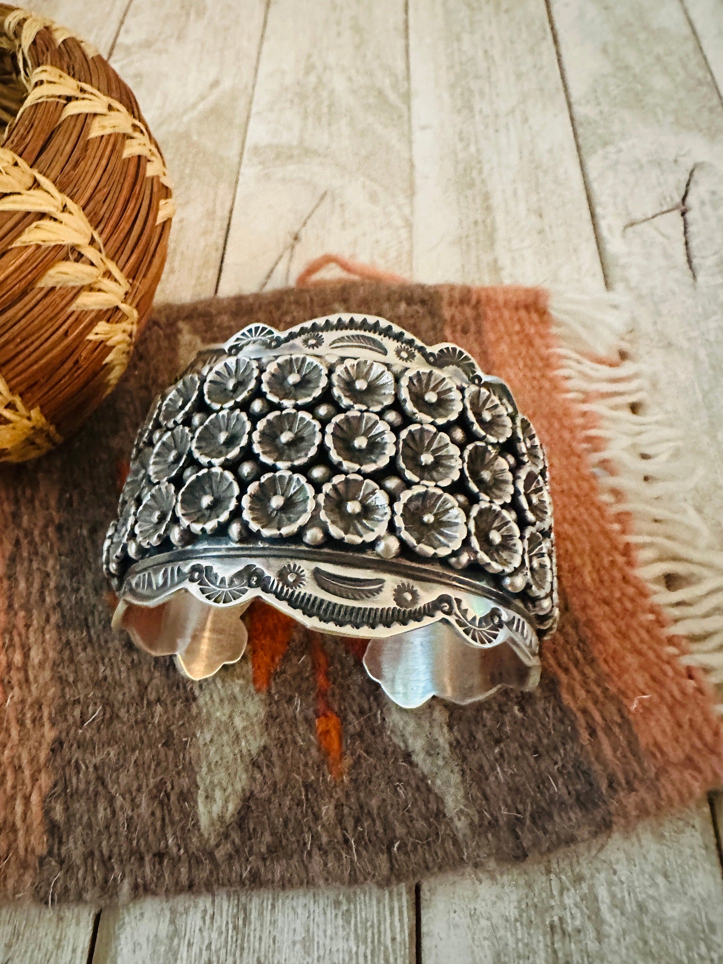 Navajo Hand Stamped Sterling Silver Flower Cuff Bracelet By Leroy James