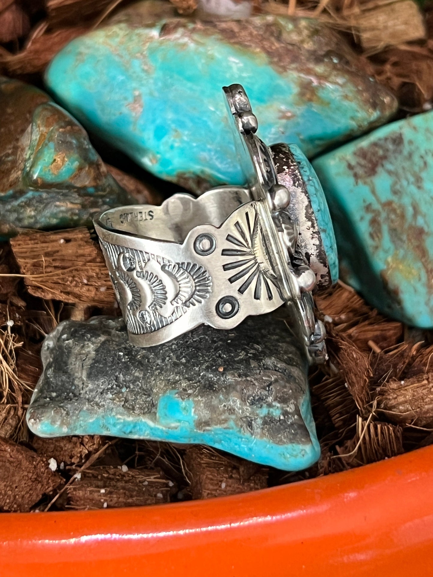 Navajo Sterling Silver and Natural Kingman Web Ring by Boyd Ashley, Size 8