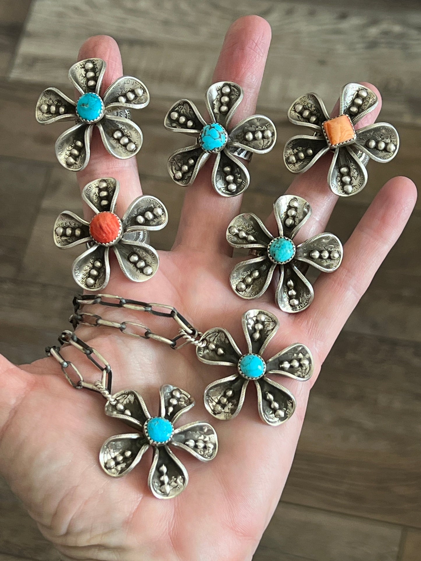 Navajo Sterling and Coin Silver Mercury Dime Flower Pendant with Turquoise on Handmade Chain by James Begay