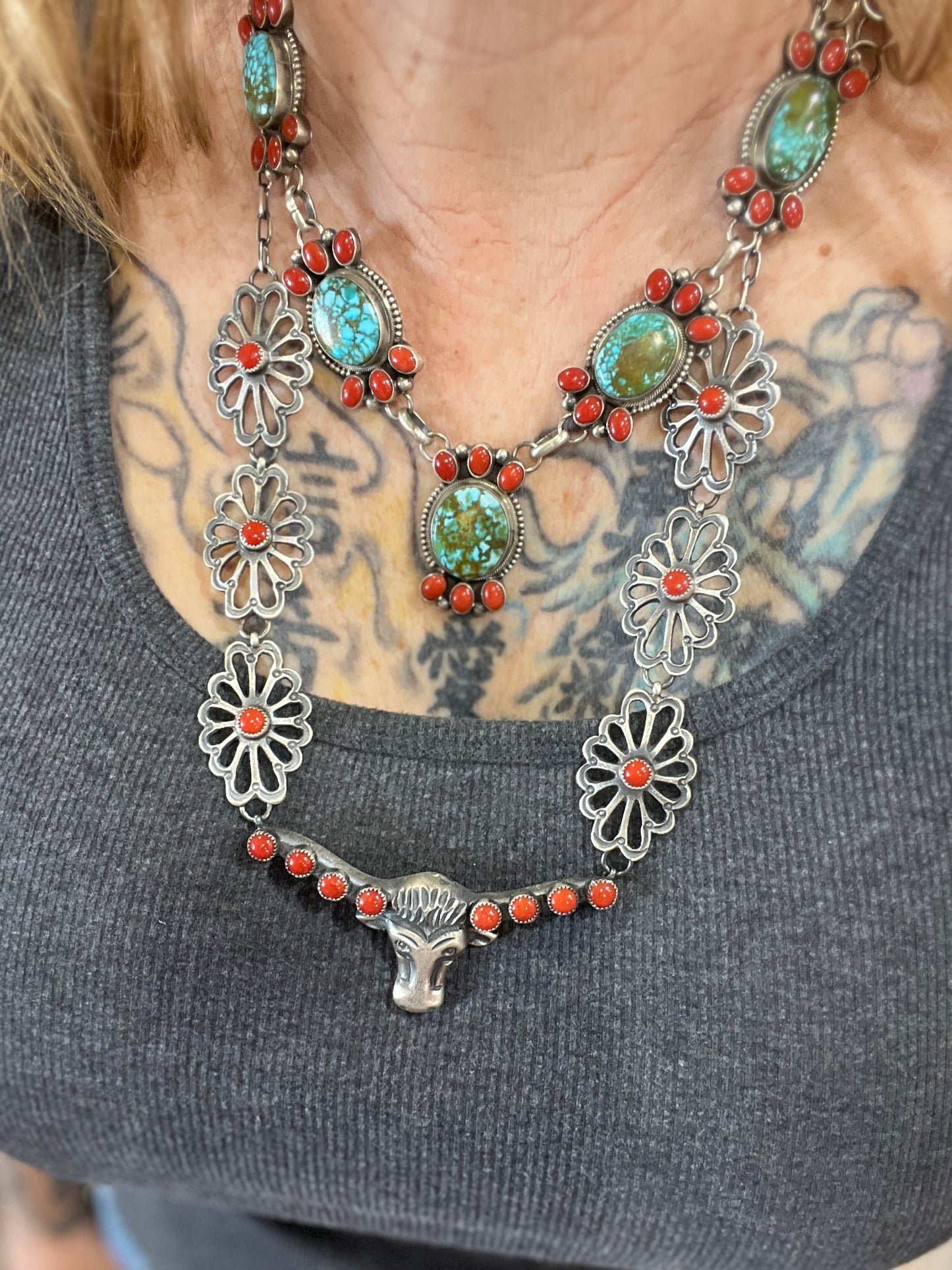 Navajo Sterling Silver and Mediterranean Coral Steer Head Concho Necklace & Earrings by Kevin Billah