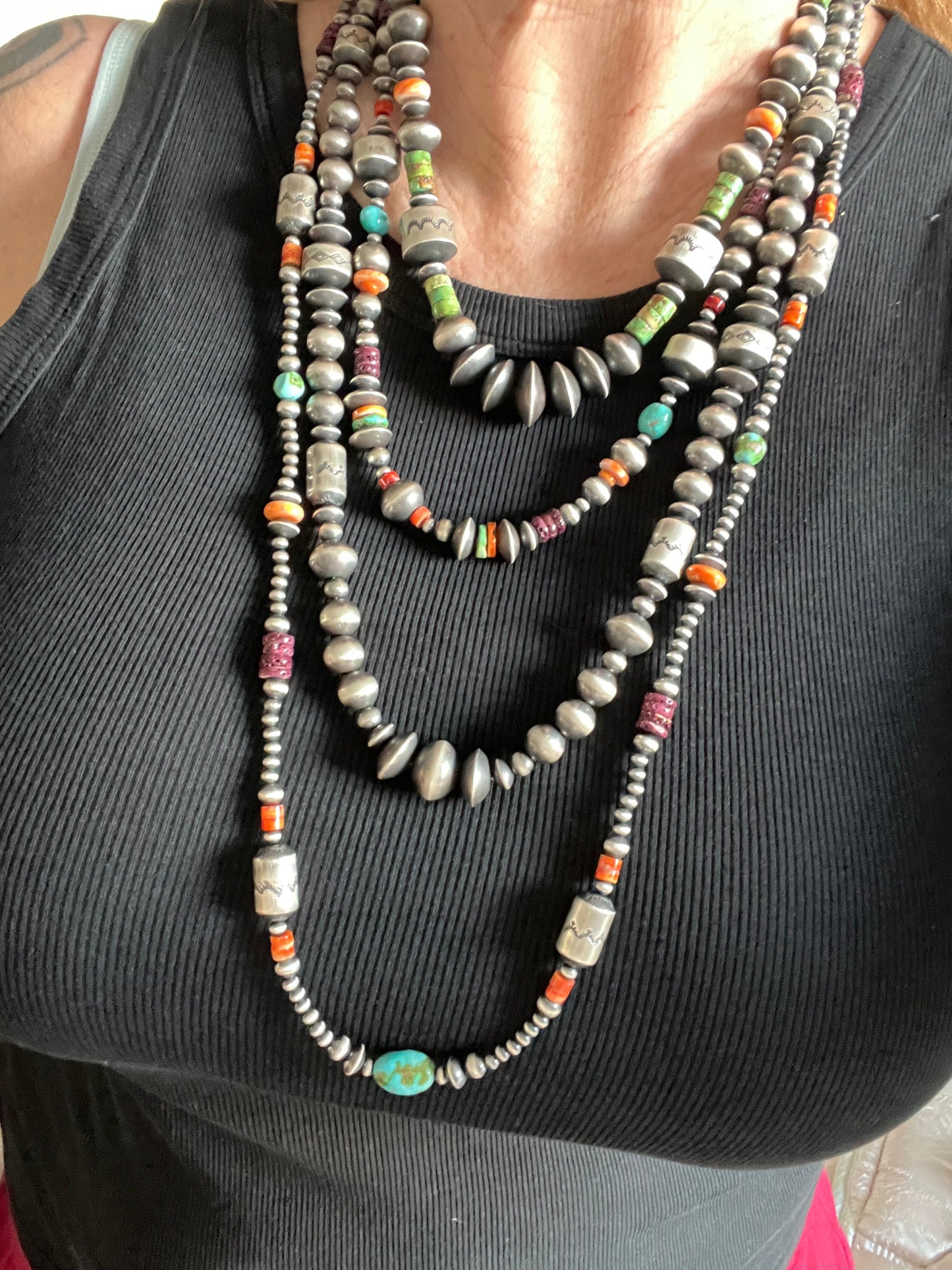 Navajo Made Electric Rainbow Sterling Silver, Turquoise and Spiny Oyster Single Strand Beaded Necklace by Rose Martin, 20 + 2 Inches