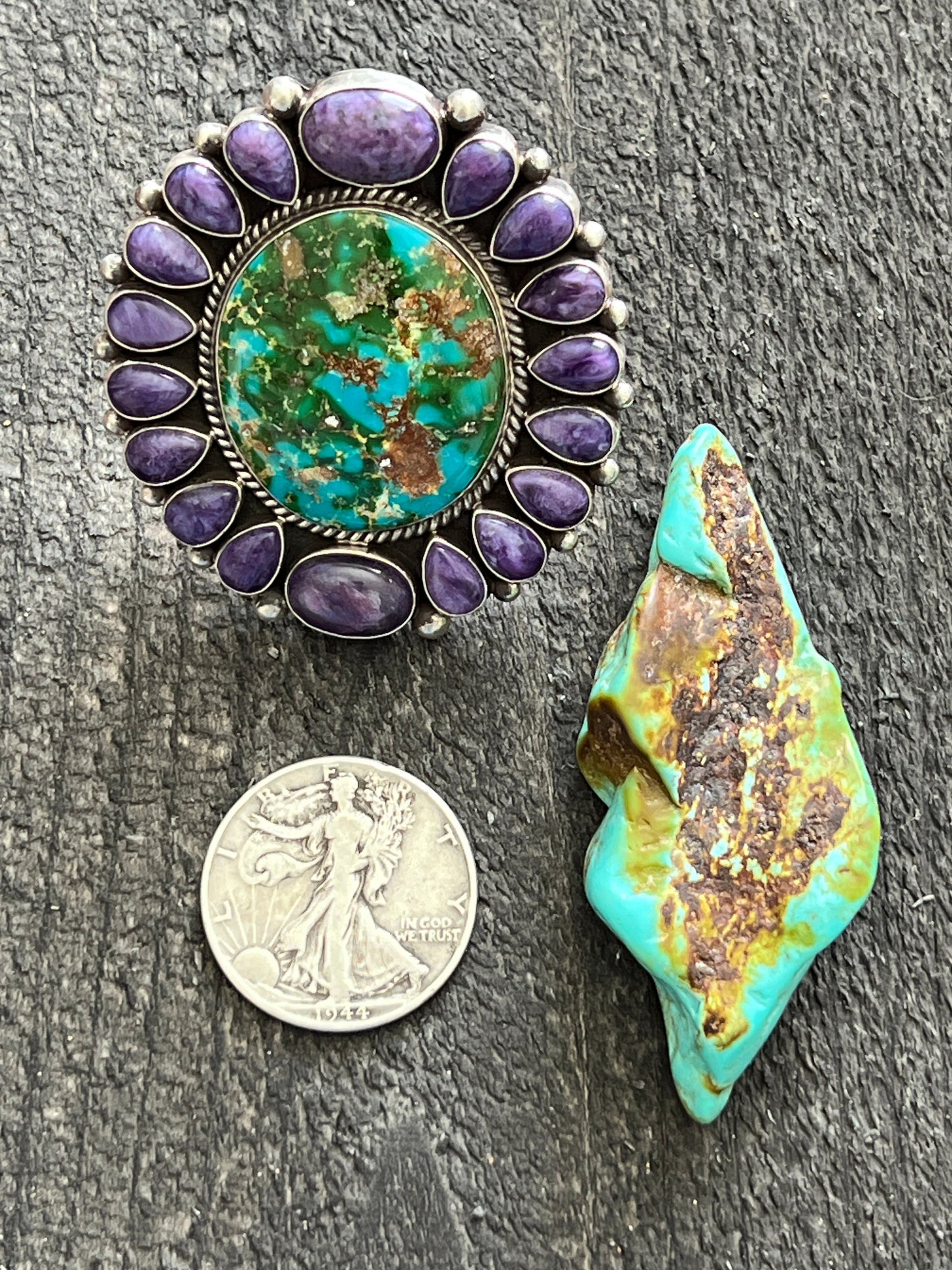 Navajo Sterling Silver, Sonoran Turquoise and Charoite Cluster Ring by Tyler Brown: Adjustable