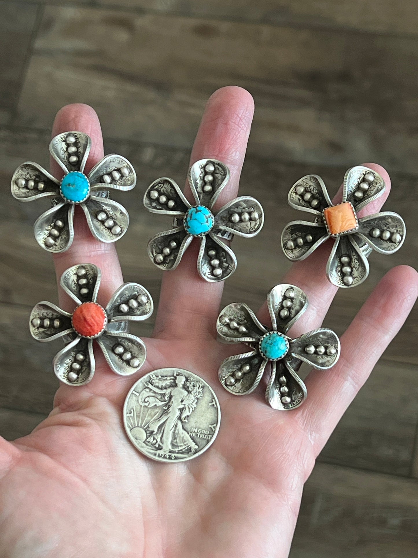 Navajo Sterling and Coin Silver Mercury Dime Flower Ring with Orange Spiny Oyster by James Begay, Adjustable