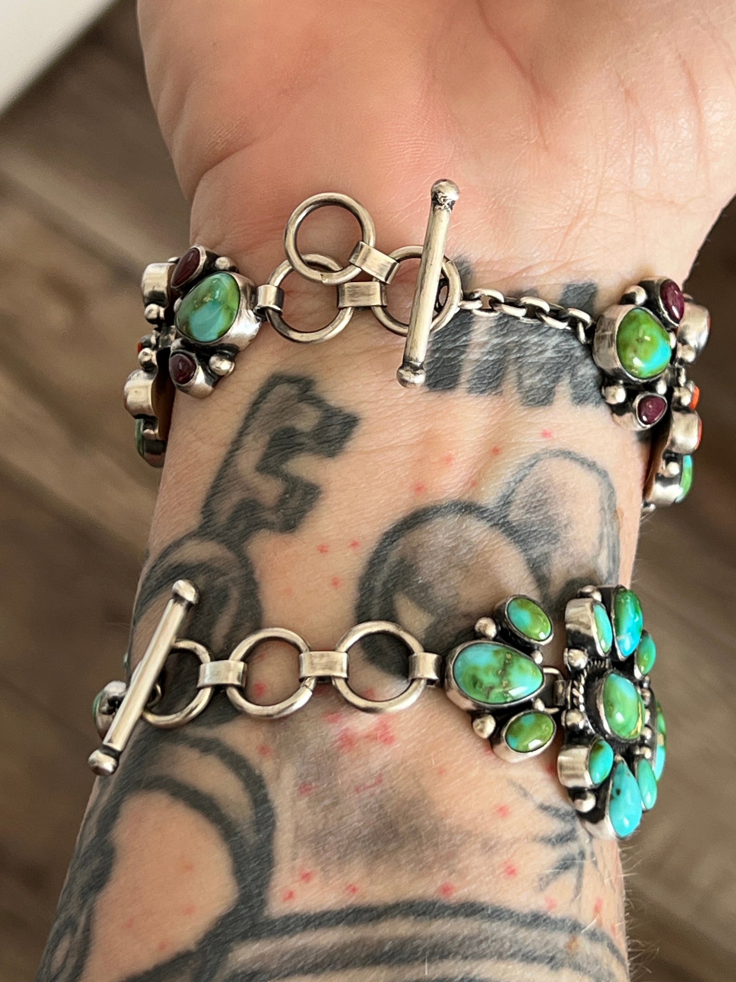 Stunning Navajo Sterling Silver, Sonoran Mountain Turquoise and Spiny Oyster Shell Cluster Link Bracelets by Diane Wylie