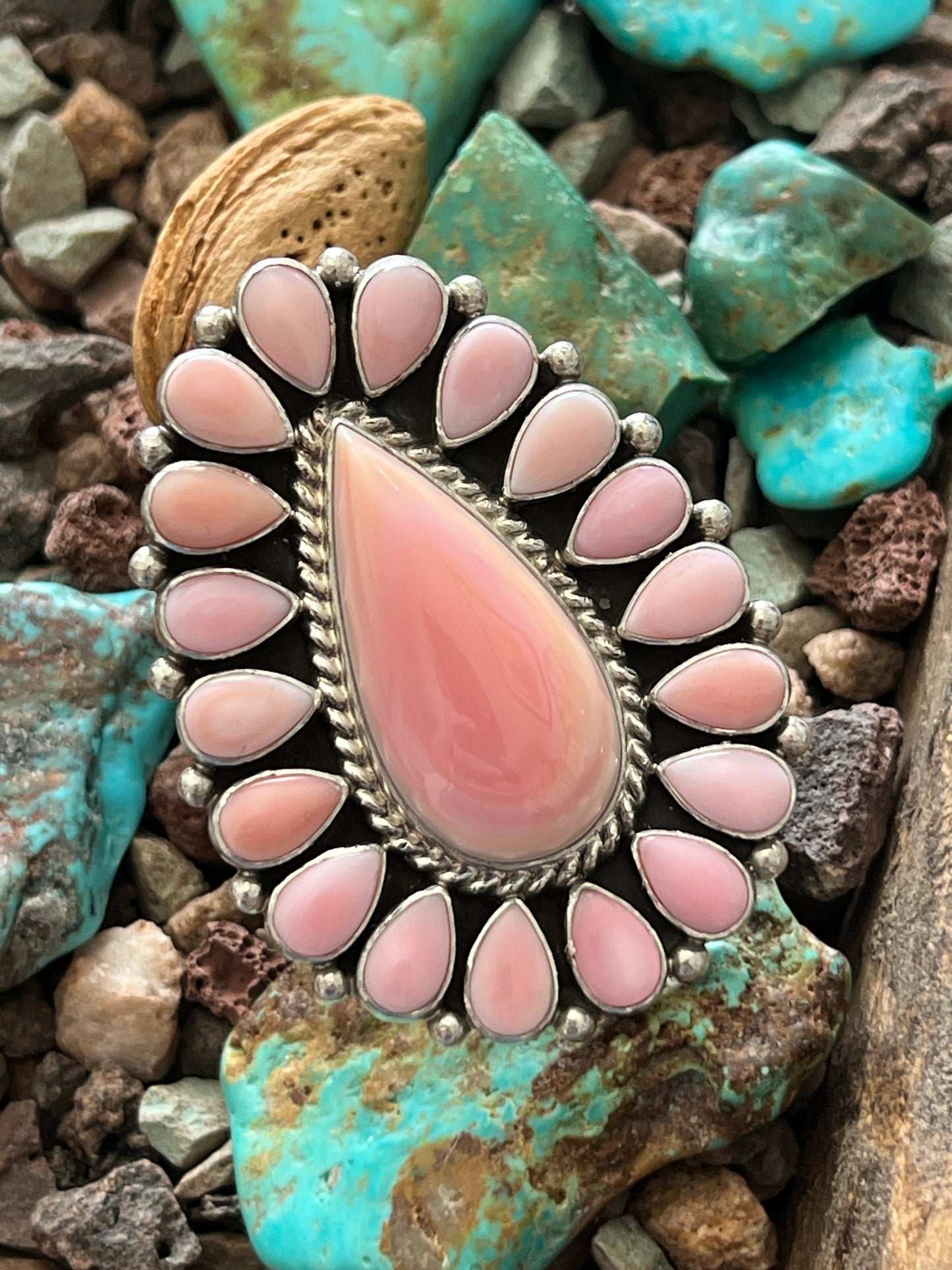 Navajo Sterling Silver and Tear Drop Queen Pink Conch Shell Cluster Ring by Aaron Tallis, Adjustable