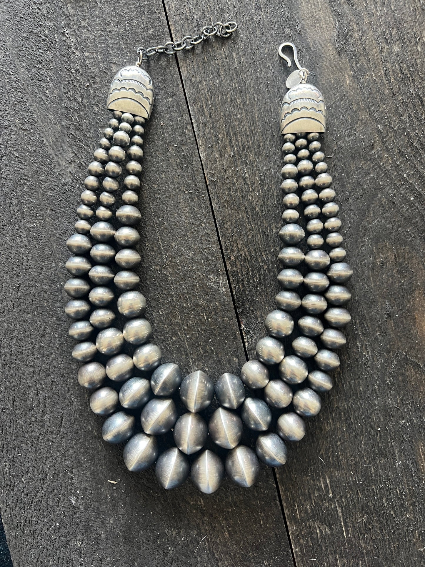Navajo Sterling Silver Triple Strand Bead Statement Necklace by Rose Martin