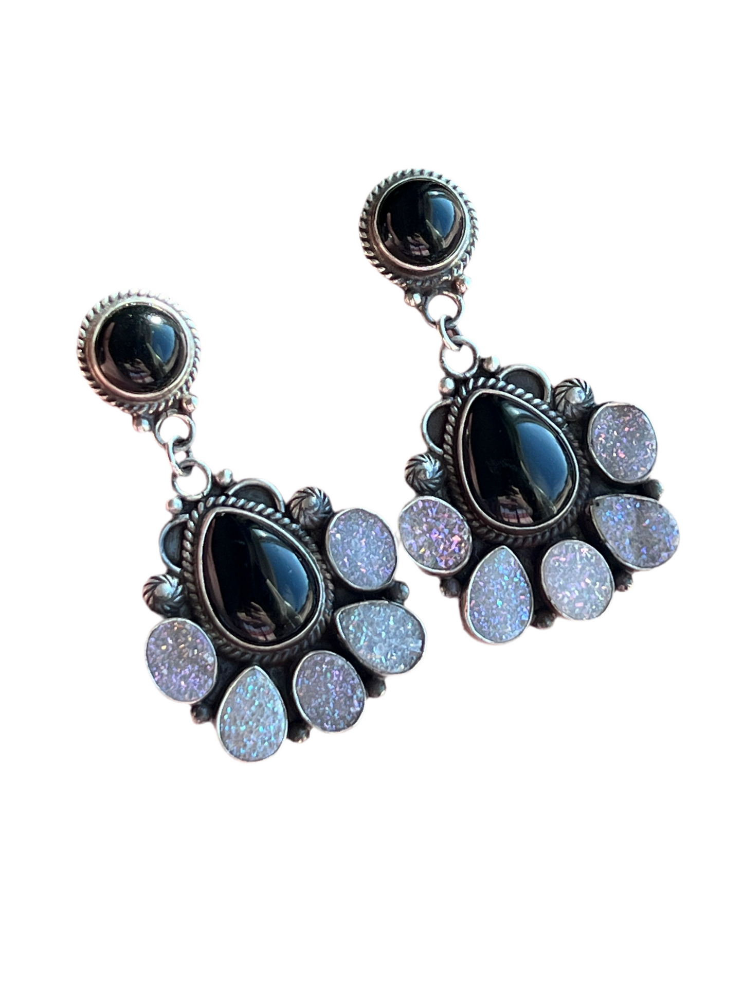 Navajo Sterling Silver, Black Onyx and Angel Aura Druzy Quartz Cluster Earrings by Tyler Brown
