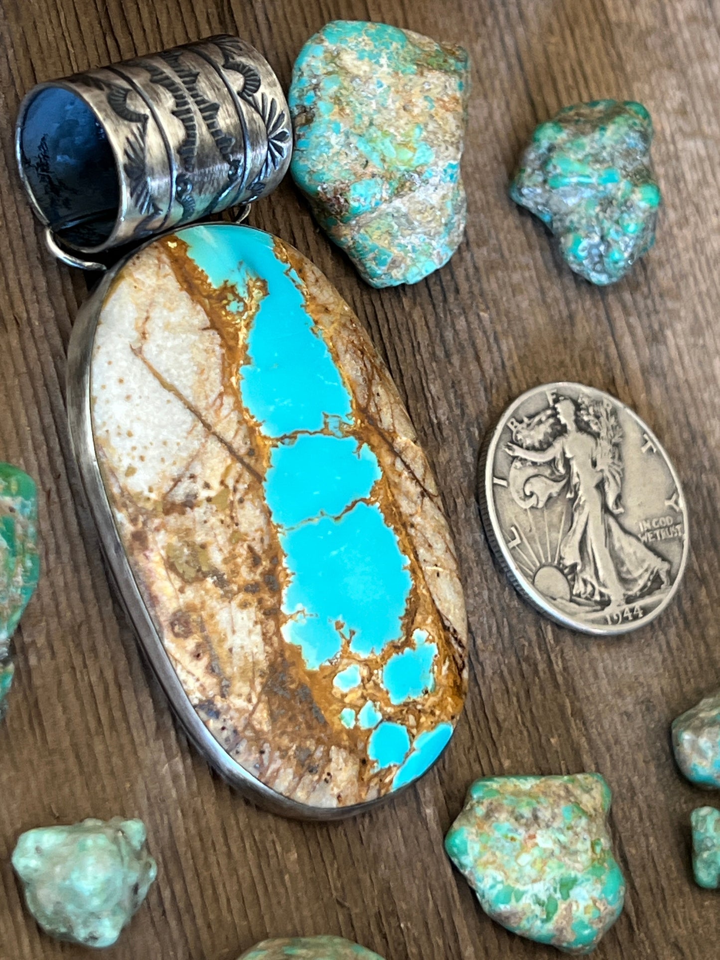 Navajo Sterling Silver and Royston Ribbon Turquoise Solo Pendant by Angela Martin