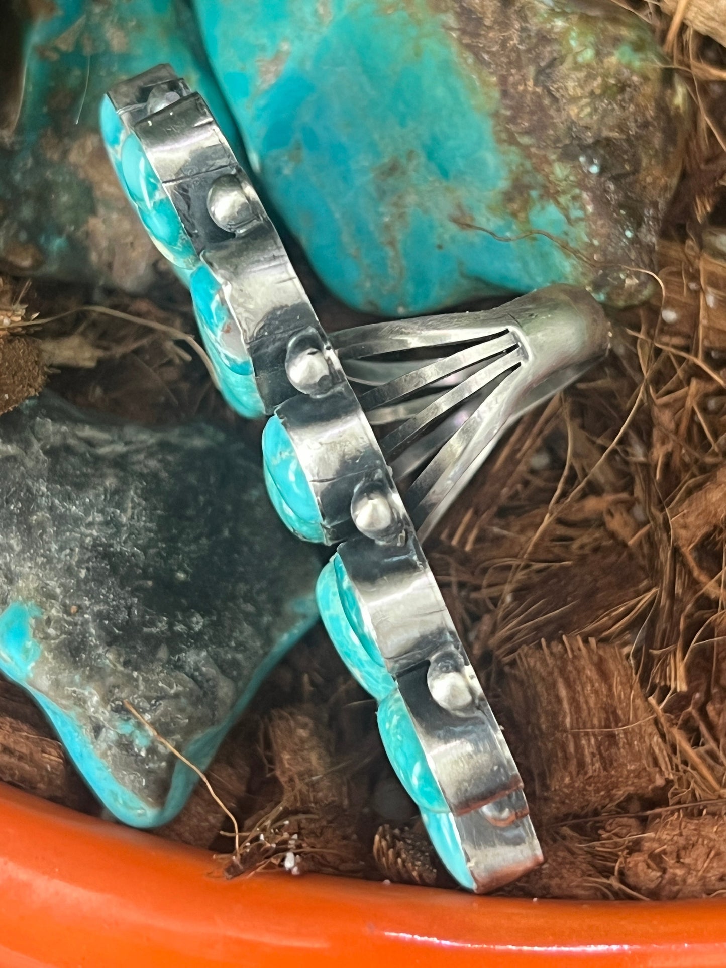 Navajo Paul Livingston Sterling Silver and Campitos Turquoise Cluster Ring, Size 7