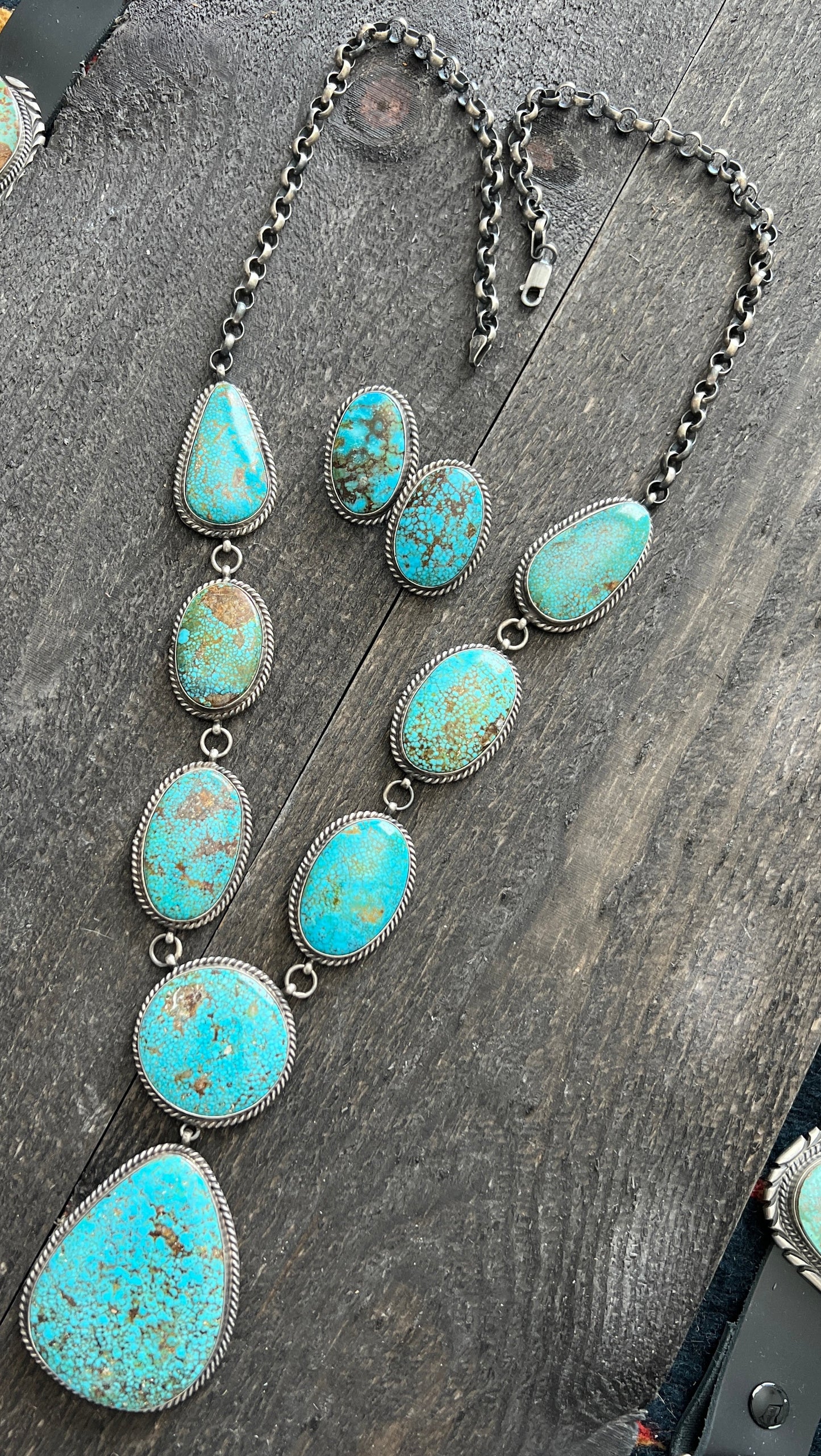 Handcrafted Sterling Silver and Birdseye Kingman Turquoise Y-Style Lariat Necklace and Earrings Set by Peggy Skeets