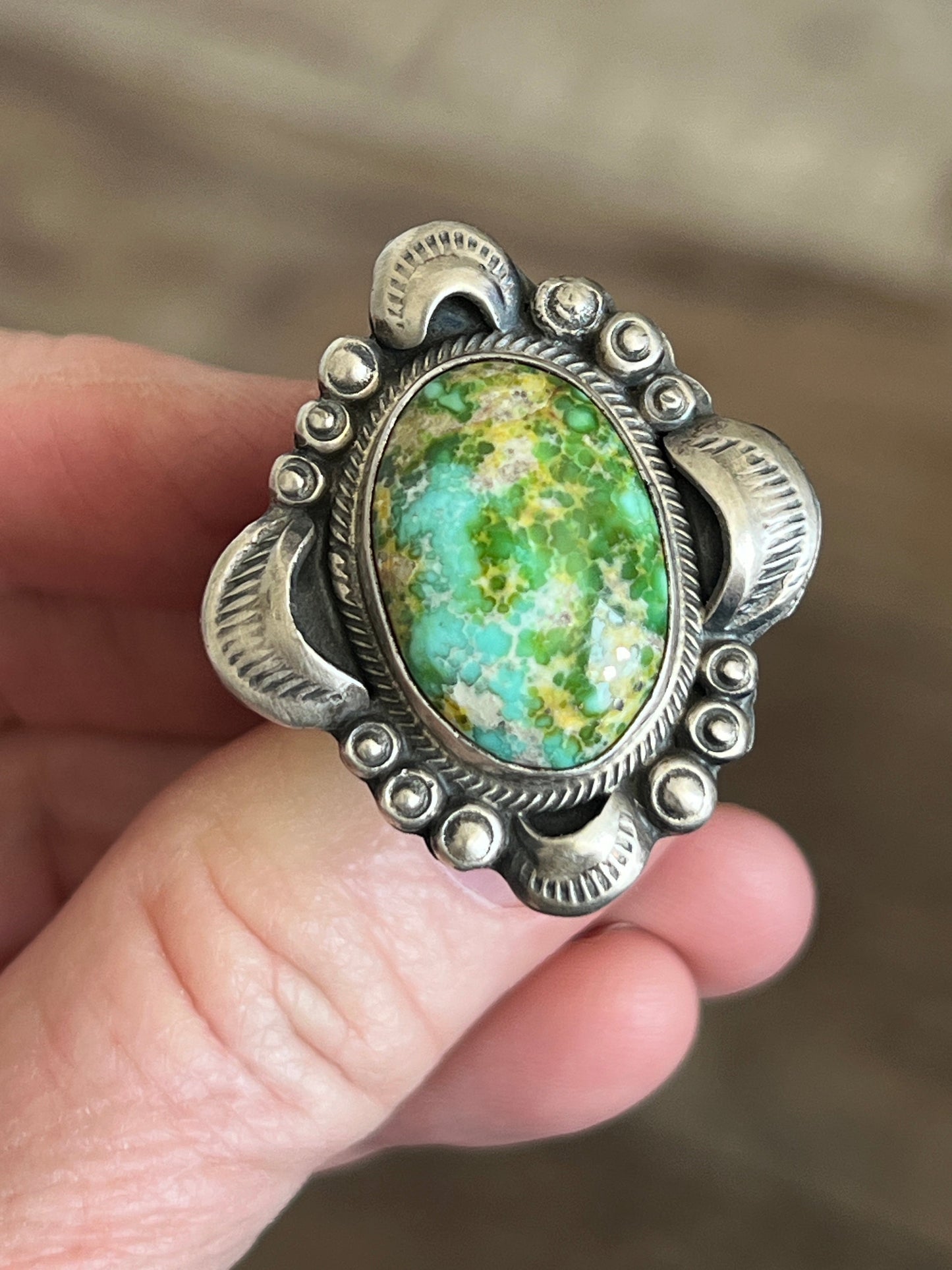 Navajo Sterling Silver and Royston Turquoise Single Stone Ring by Gilbert Tom, Size 9.5