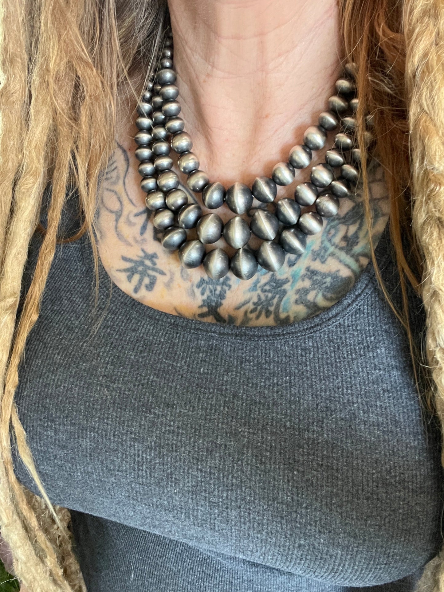 Navajo Sterling Silver Triple Strand Bead Statement Necklace by Rose Martin