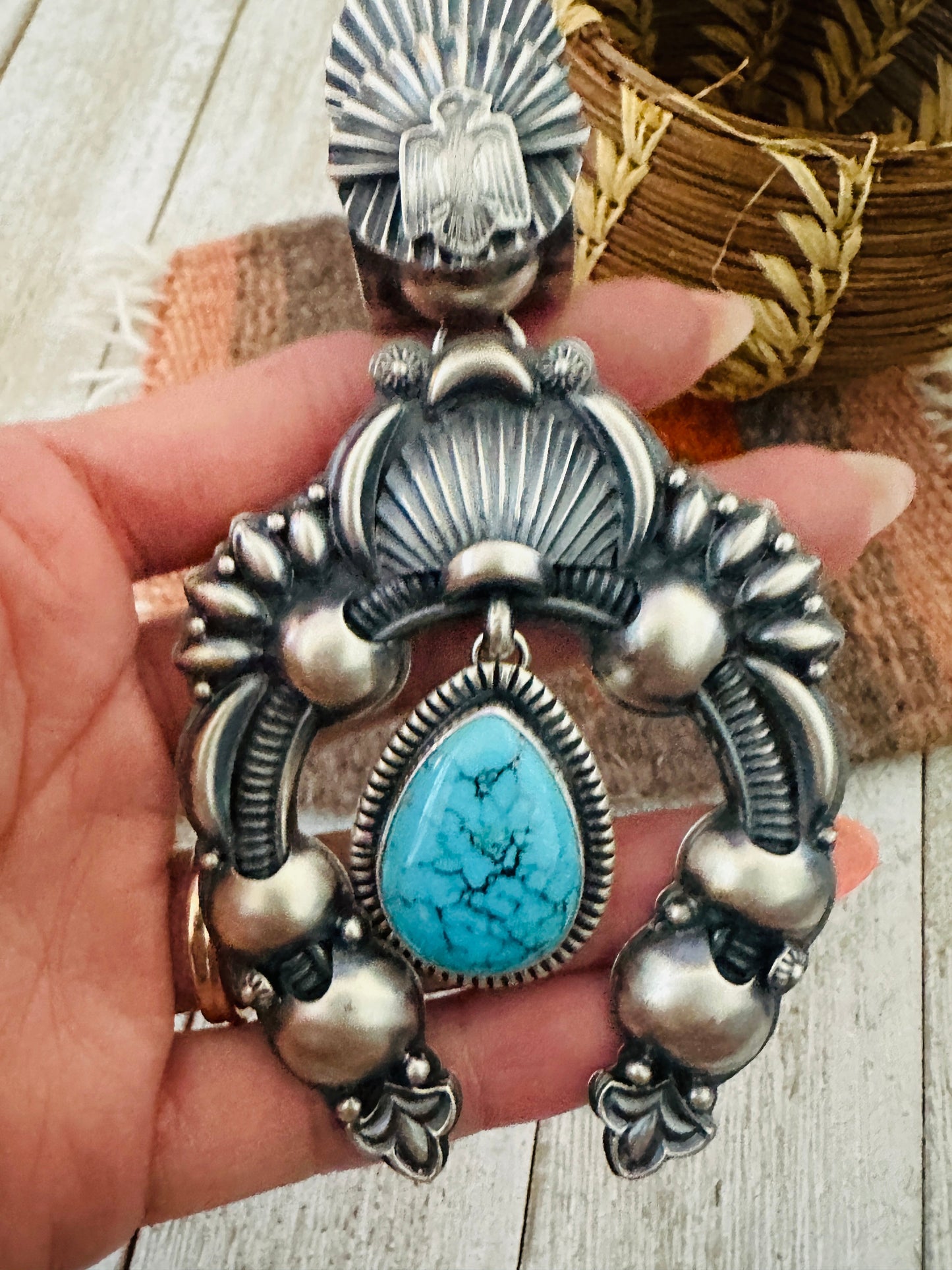 Navajo Sterling Silver & Turquoise Naja Pendant by Delbert Gordon