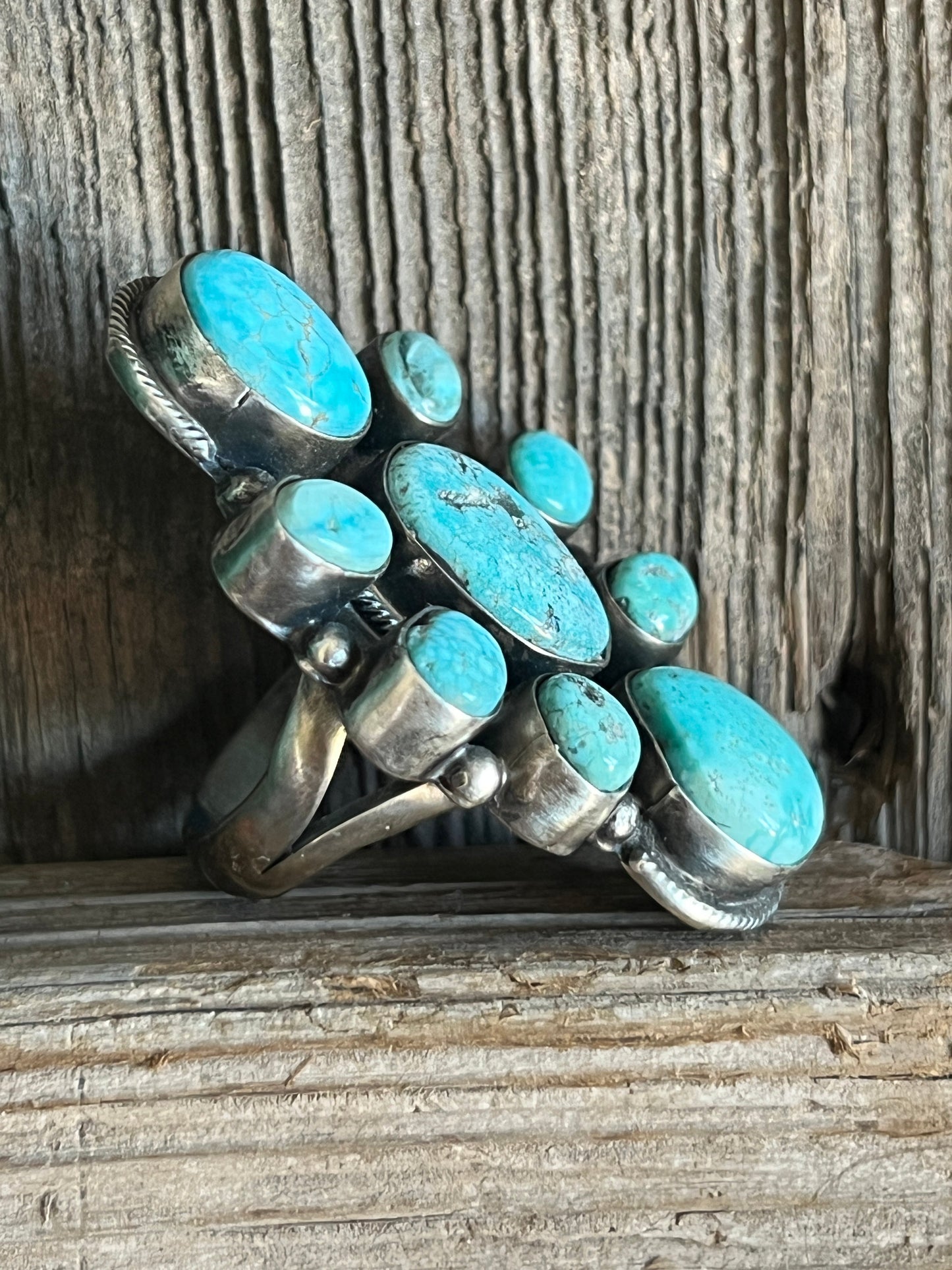 Navajo Sterling Silver and Natural Campitos Turquoise Cluster Ring by Sheila Becenti, Size 8.75
