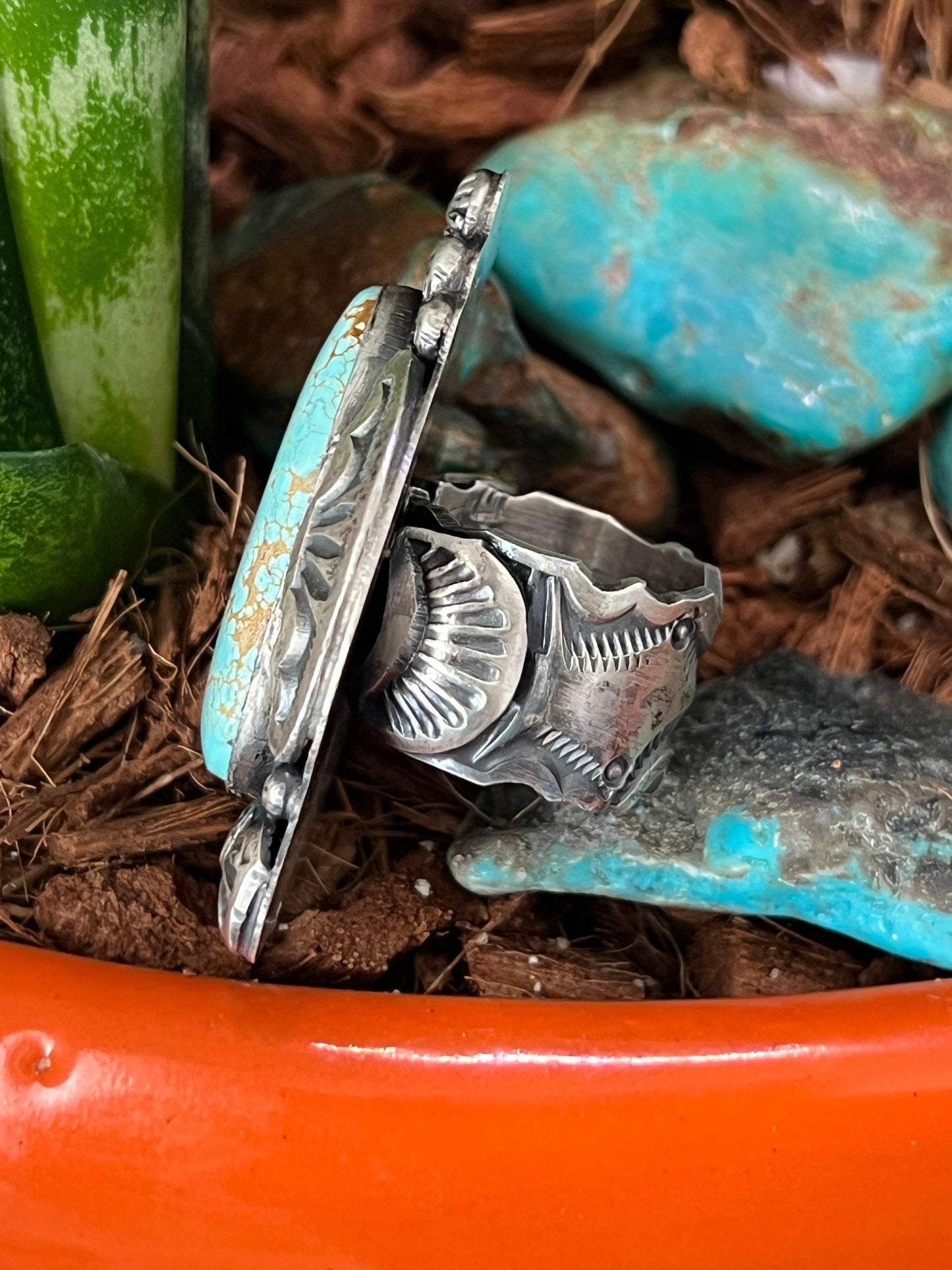 Sterling Silver and Number 8 Turquoise Ring by Gilbert Tom, Navajo, Size 6.5