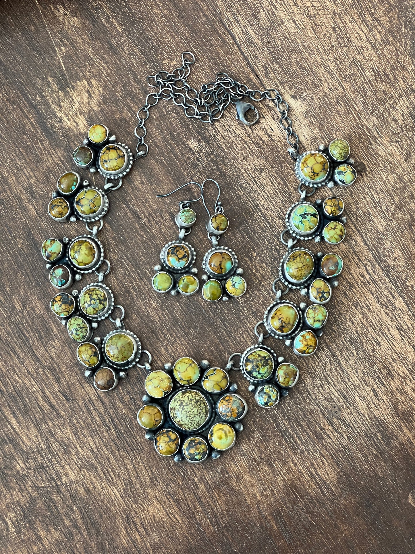 Fabulous Navajo Sterling Silver and Blue Moon Turquoise Cluster Necklace and Earrings Set by Bobby Johnson