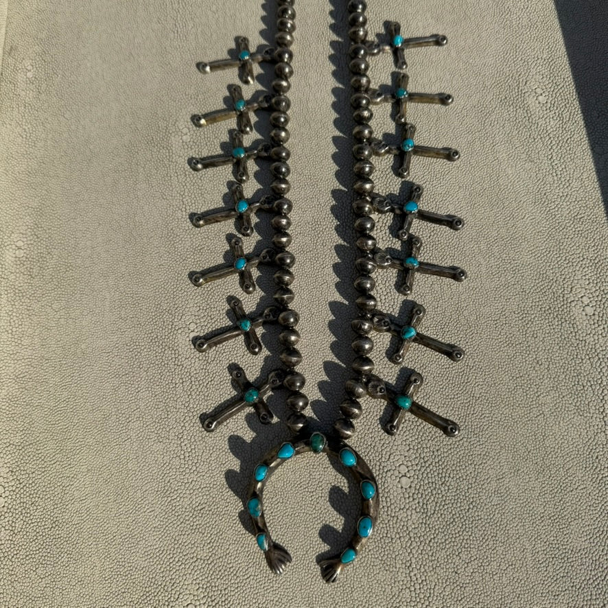 Vintage Sterling Silver and Turquoise Cross Squash Blossom Style Necklace Unsigned