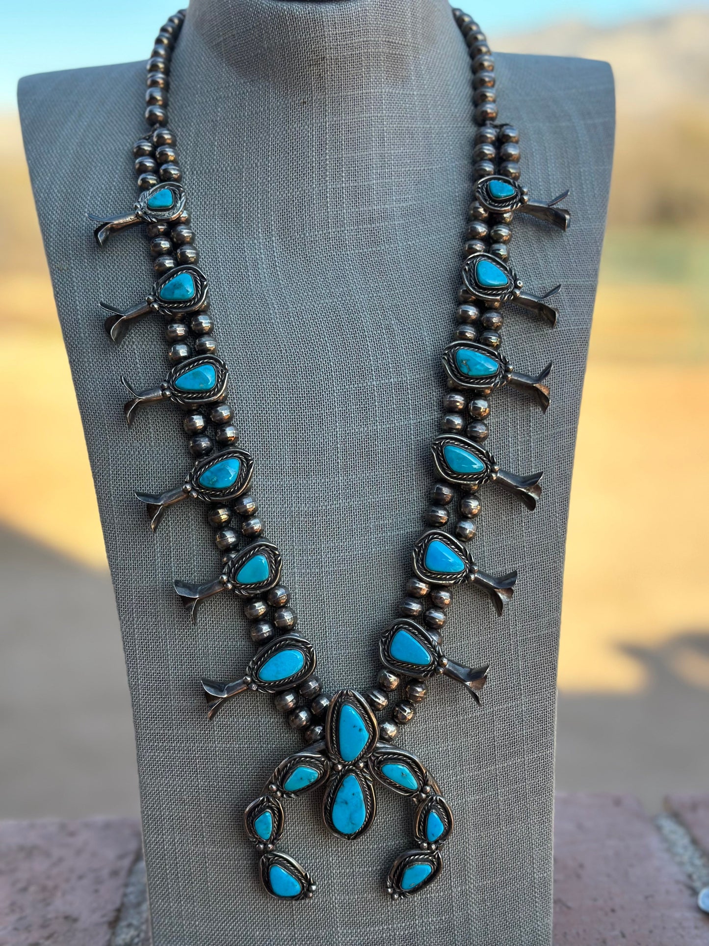 Estate Collection Old Pawn Navajo Turquoise & Sterling Silver Squash Blossom Necklace