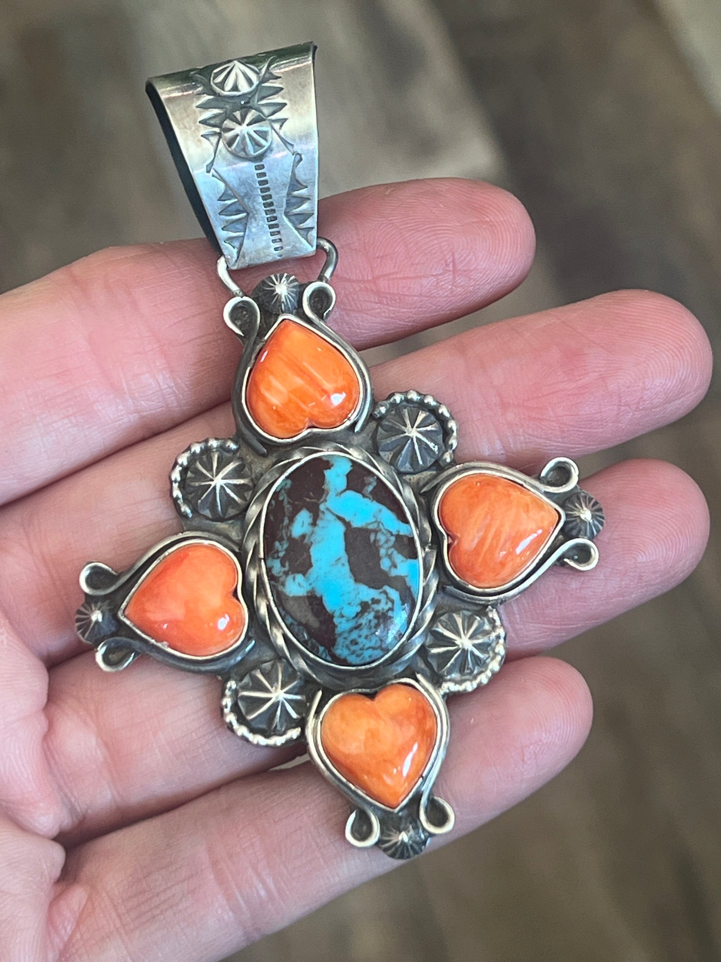 Rosella Paxson Sterling Silver, Spiny Oyster Shell and Egyptian Turquoise Cluster Pendant
