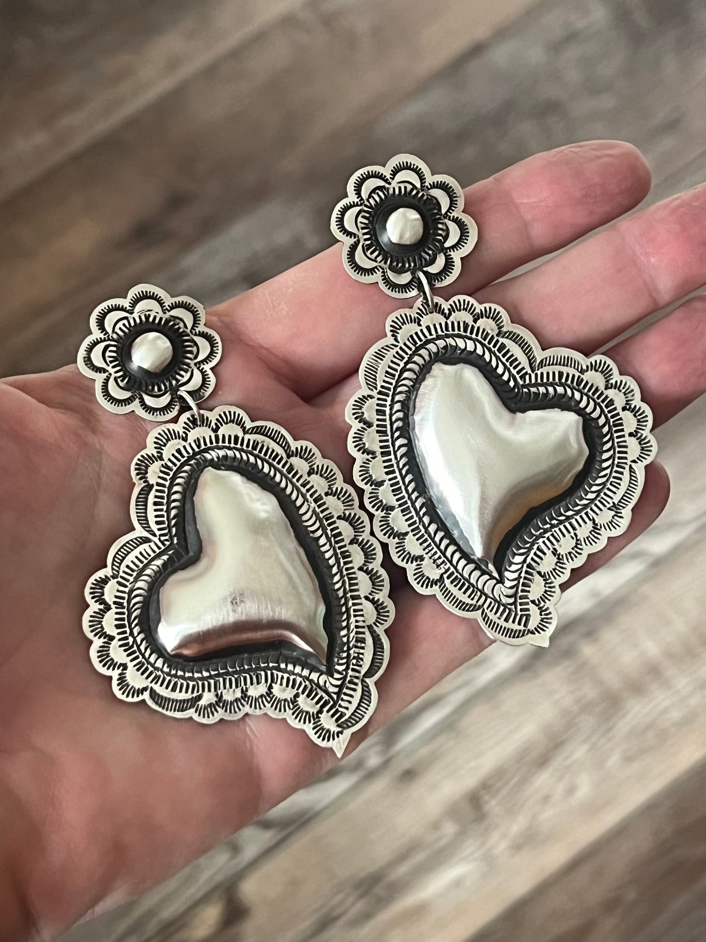 Handmade Navajo Sterling Silver Stamped Repousse Heart Earrings by Leander Tahe, AH2