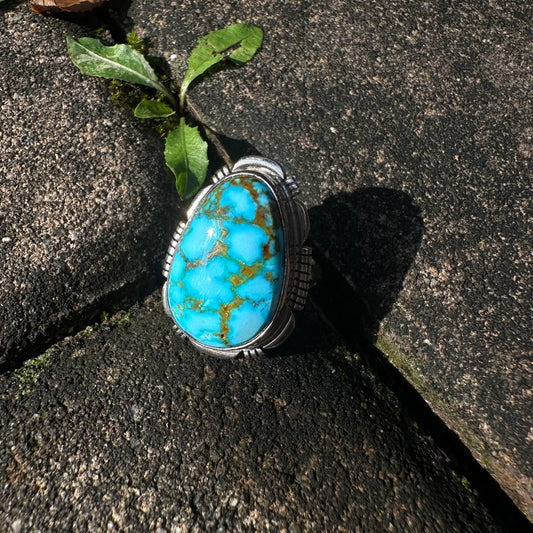 Navajo Sterling Silver Light Blue Webbed Kingman Turquoise Ring Signed by Allen Lee