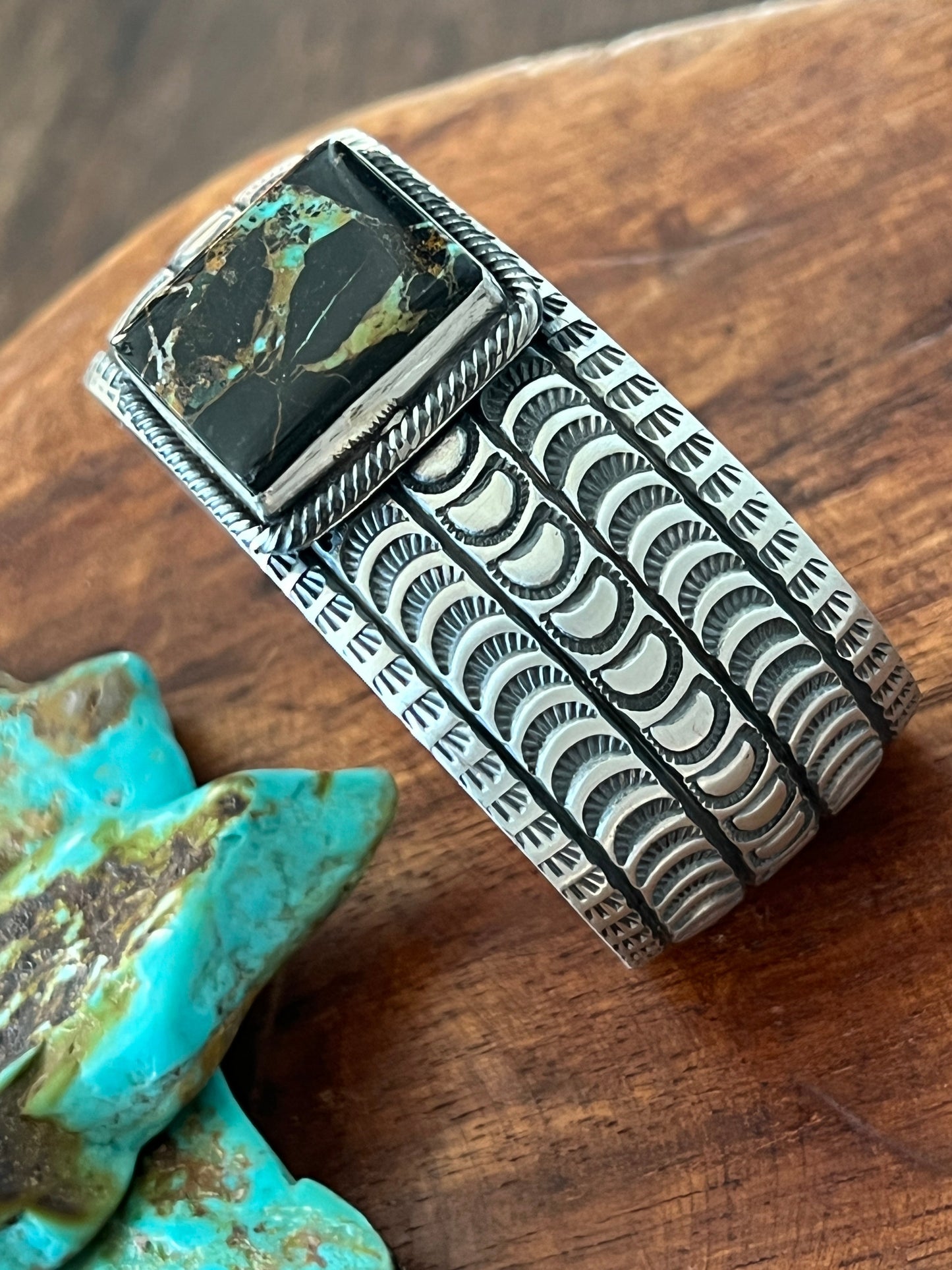 Navajo Sterling Silver and Blackjack Turquoise Hand Stamped Cuff Bracelet by Randy Boyd