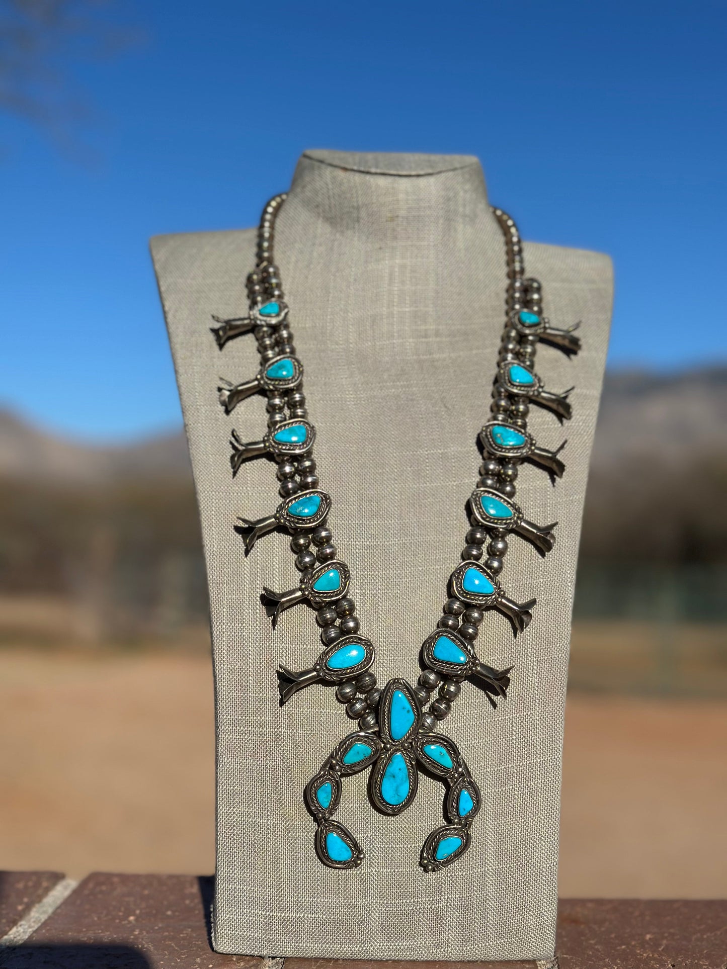 Estate Collection Old Pawn Navajo Turquoise & Sterling Silver Squash Blossom Necklace
