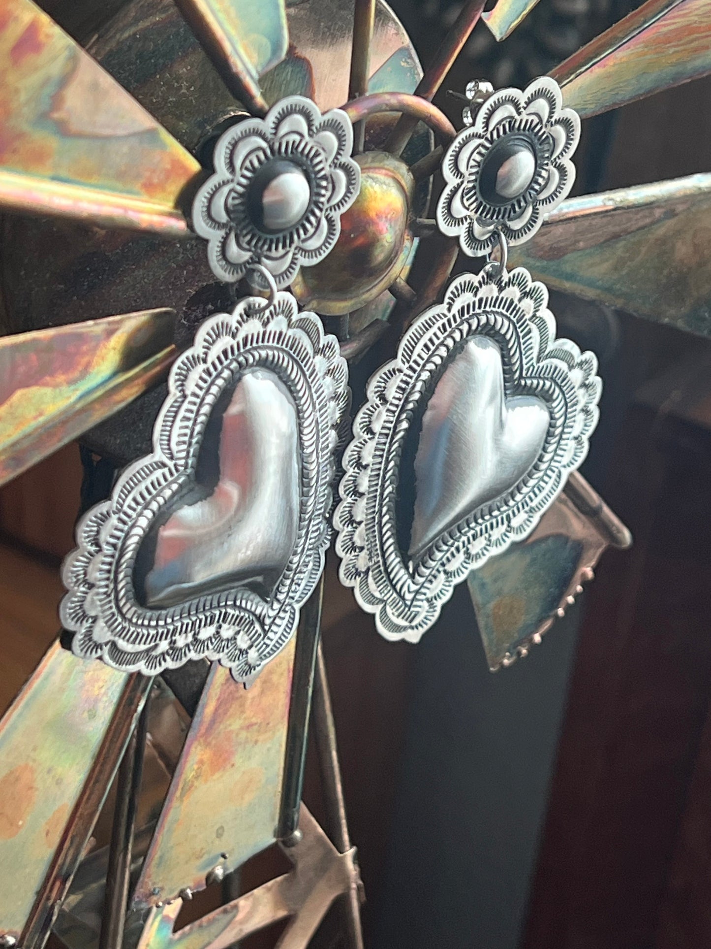Handmade Navajo Sterling Silver Stamped Repousse Heart Earrings by Leander Tahe, AH2